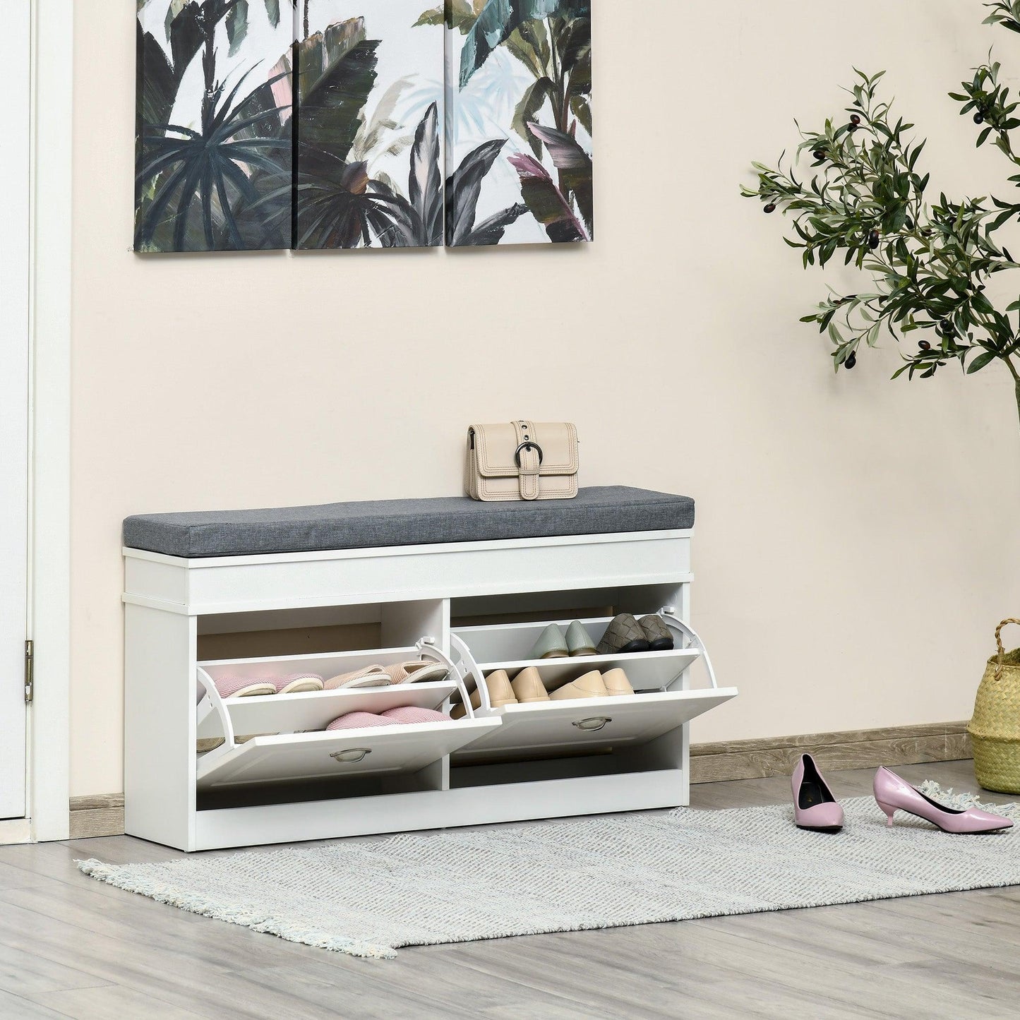 HOMCOM White Shoe Storage Bench with Cushioned Seat and Drawers - ALL4U RETAILER LTD