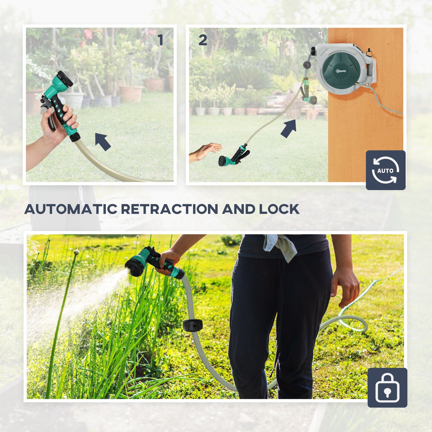 Outsunny Retractable Wall Mounted Hose Reel 20m Plus 2m With Auto Rewind 180 Degree Swivel 7 Way Nozzle