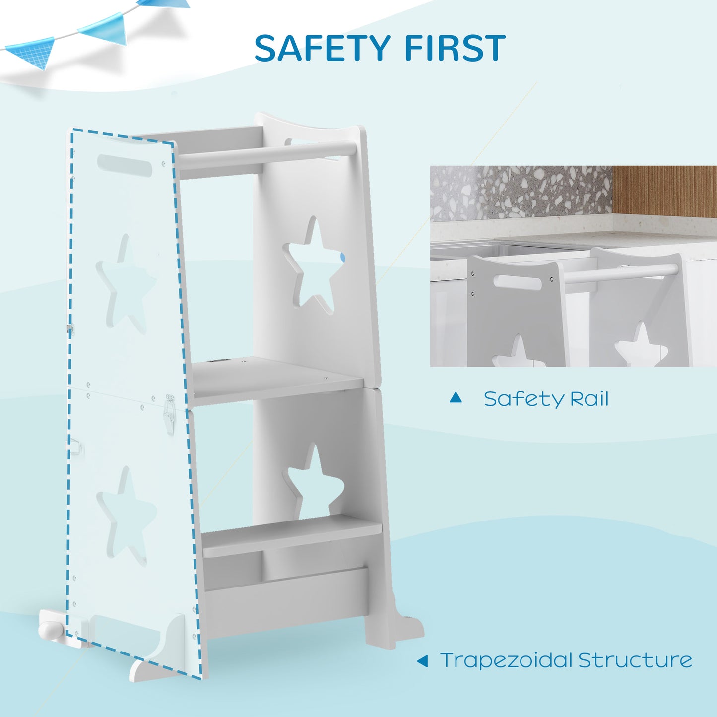 AIYAPLAY 2 In 1 Toddler Step Stool With Safety Rail For Kitchen And Bathroom White