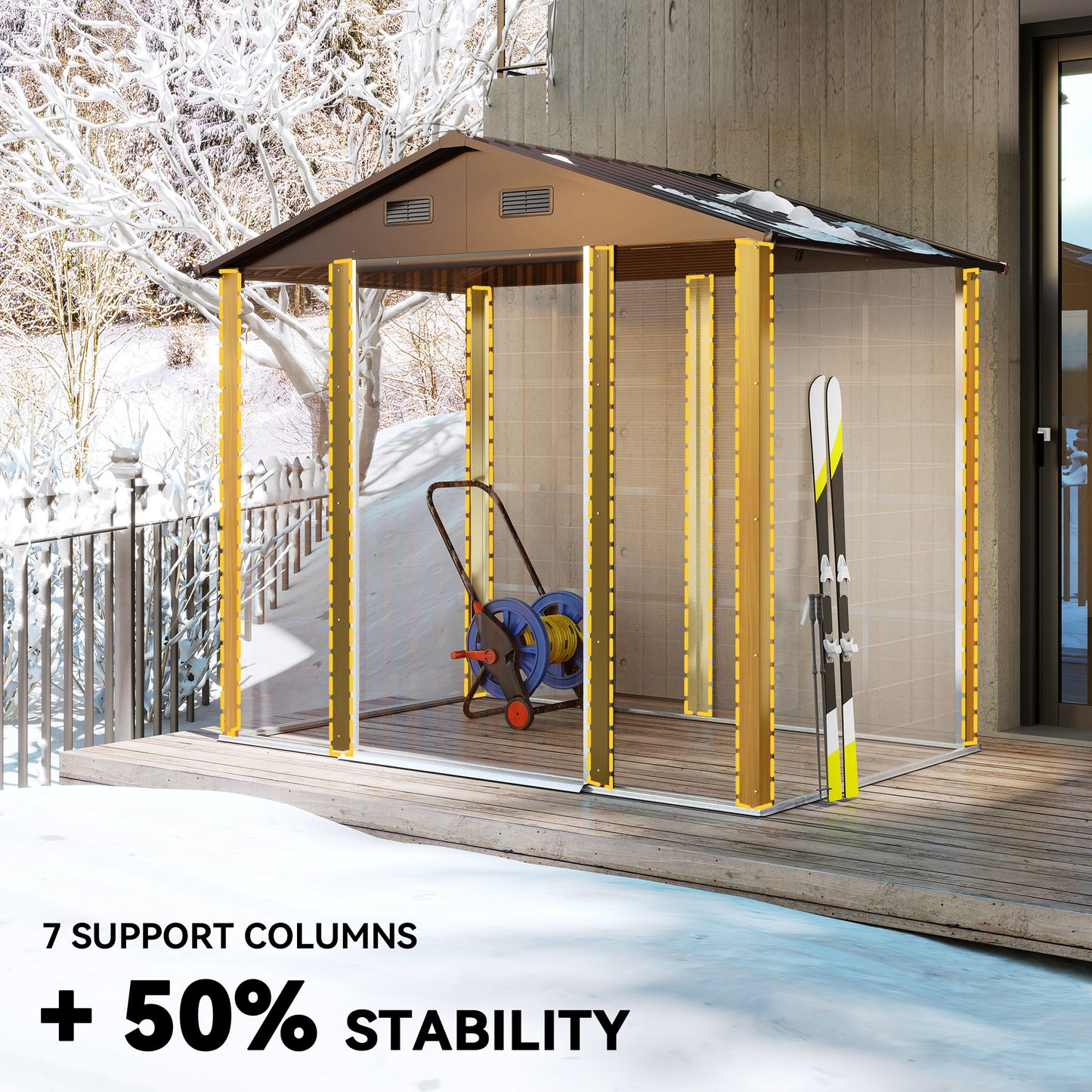 Outsunny 6x8 Ft Galvanised Steel Shed With Brown Wood Effect And Sliding Doors For Outdoor Garden Storage