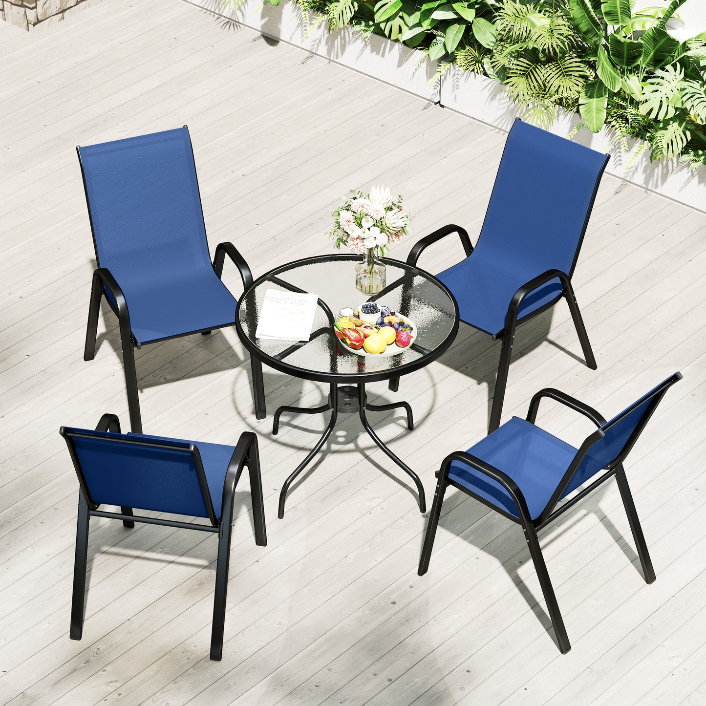 Outsunny Five Piece Steel Patio Set With Glass Top Table And Stackable Chairs Dark Blue