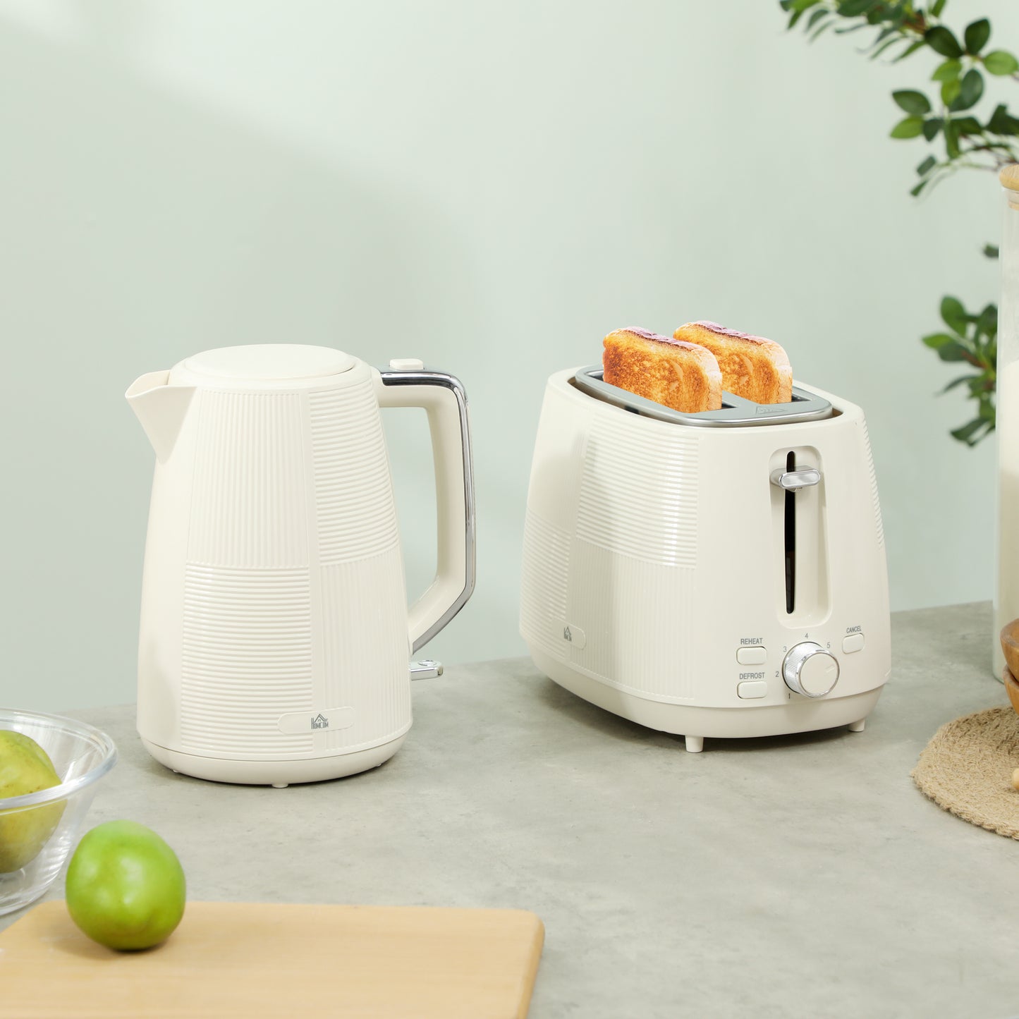 HOMCOM Cream Kettle And Toaster Set 1.7L 3000W Fast Boil Kettle With 7 Level Browning Defrost Reheat Auto Shutoff