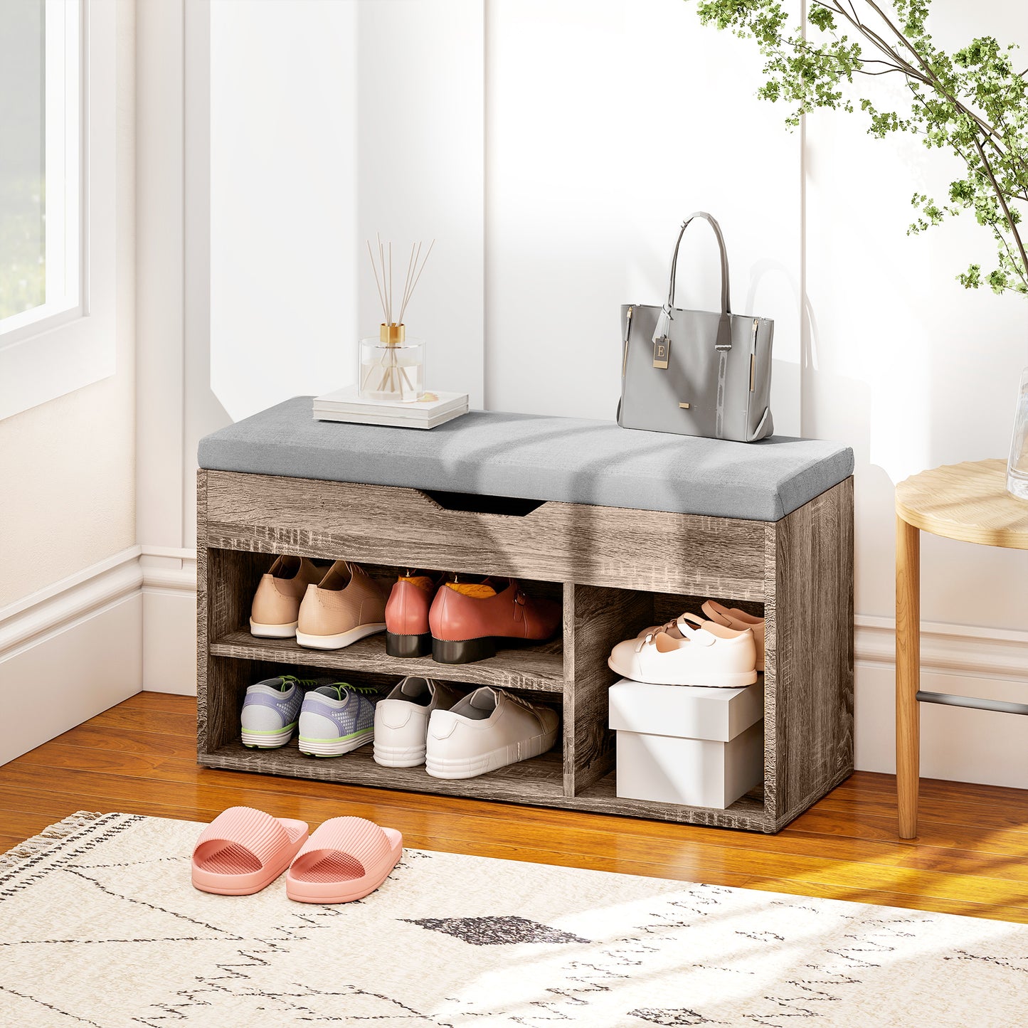 HOMCOM Shoes Cabinet Bench With Hidden Storage And Padded Seat In Grey Wood Grain Hallway Organizer