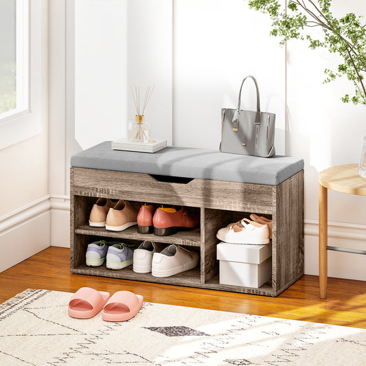 HOMCOM Shoes Cabinet Bench With Hidden Storage And Padded Seat In Grey Wood Grain Hallway Organizer