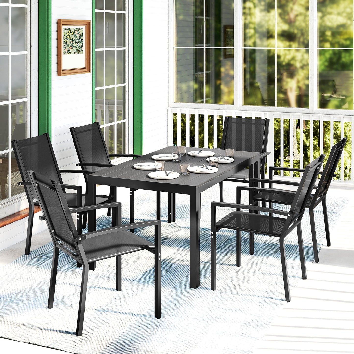 Outsunny Seven Piece Garden Dining Set With Plastic Wood Top Table Six Stackable Chairs Black Outdoor Patio Furniture