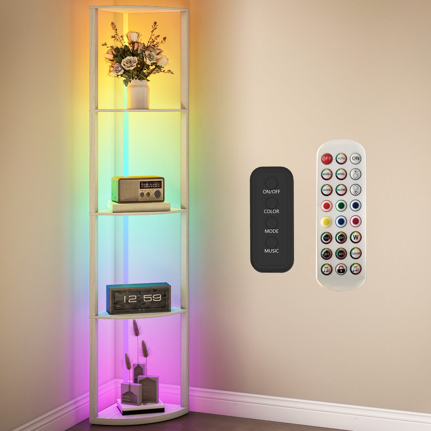 HOMCOM RGB LED Floor Lamp With Shelves Oak Finish 4 Tier Dimmable Standing Lamp With Remote Control