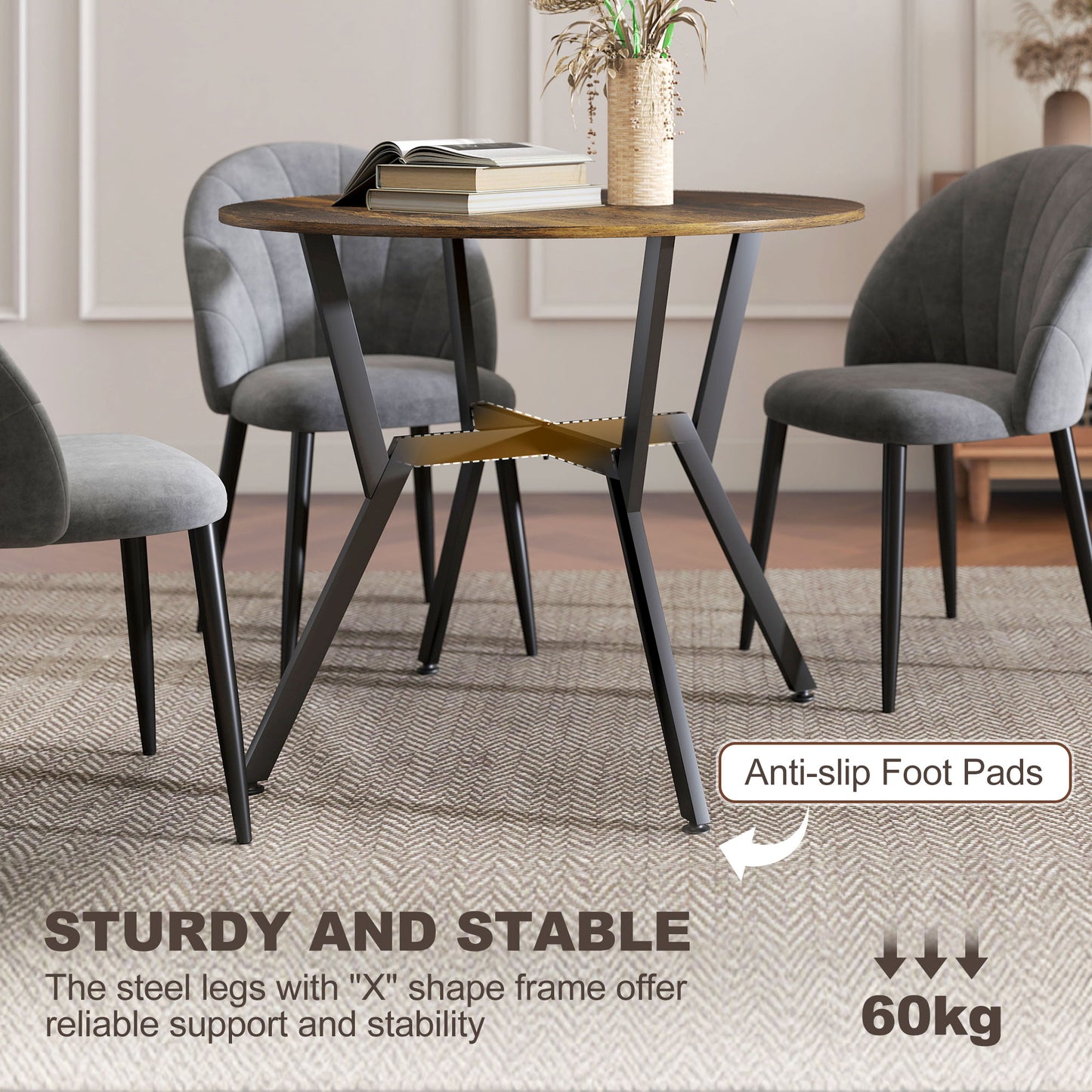 HOMCOM Round Dining Table With Black Legs Rustic Brown 90 By 76 Cm Anti Slip Foot Pads For Living Room And Dining Room