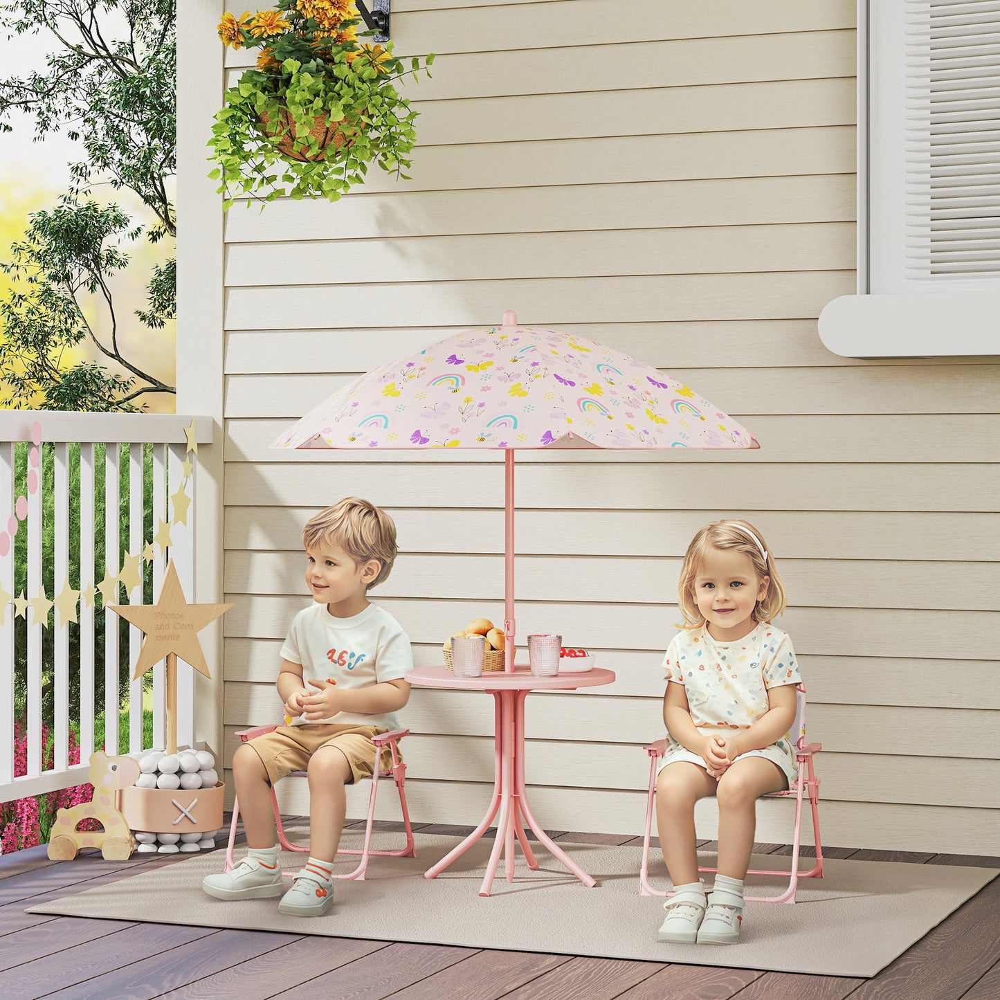 AIYAPLAY 4-Piece Foldable Kids Garden Table and Chair Set With Adjustable Parasol Pink Rainbow Pattern for Ages 2-5
