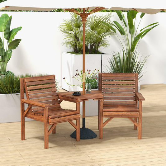 Outsunny Wooden Garden Love Seat w/ Coffee Table Umbrella Hole, Tan Brown - ALL4U RETAILER LTD