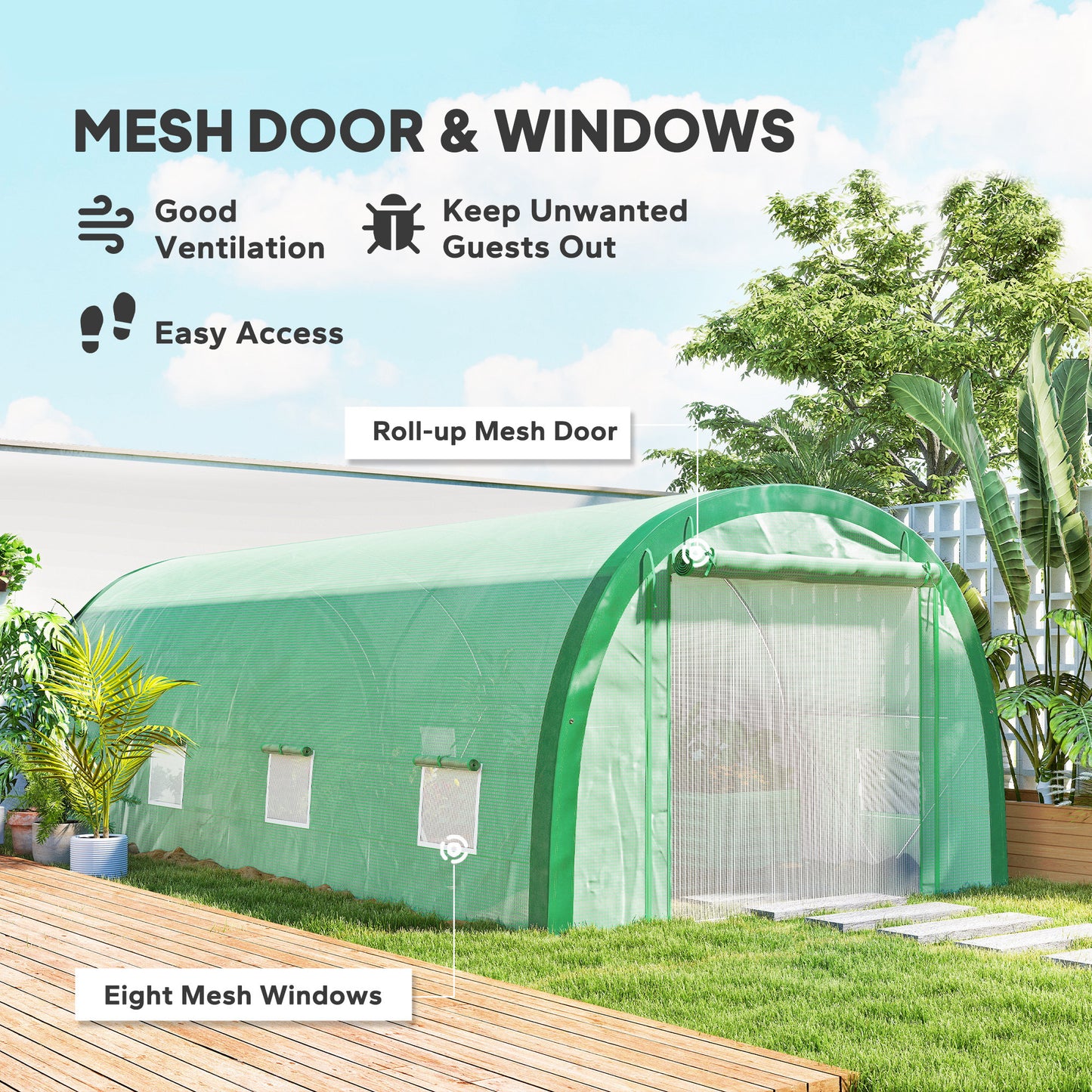 Outsunny 6 X 3m Polytunnel Greenhouse With Upgraded Structure Mesh Door And Windows 15 Plant Labels Green