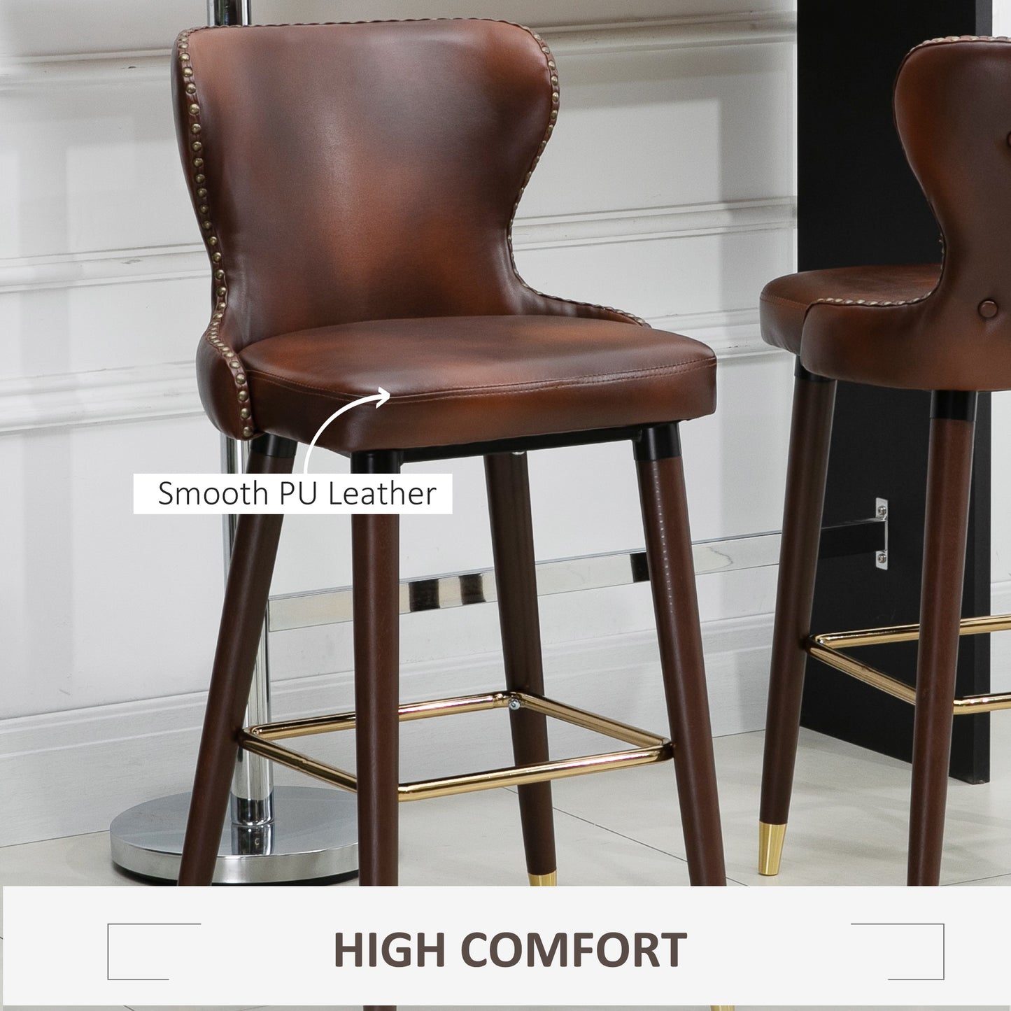 HOMCOM Set of 2 Elegant PU Leather Retro Bar Stools with Backrest - Brown and Gold Accents - ALL4U RETAILER LTD