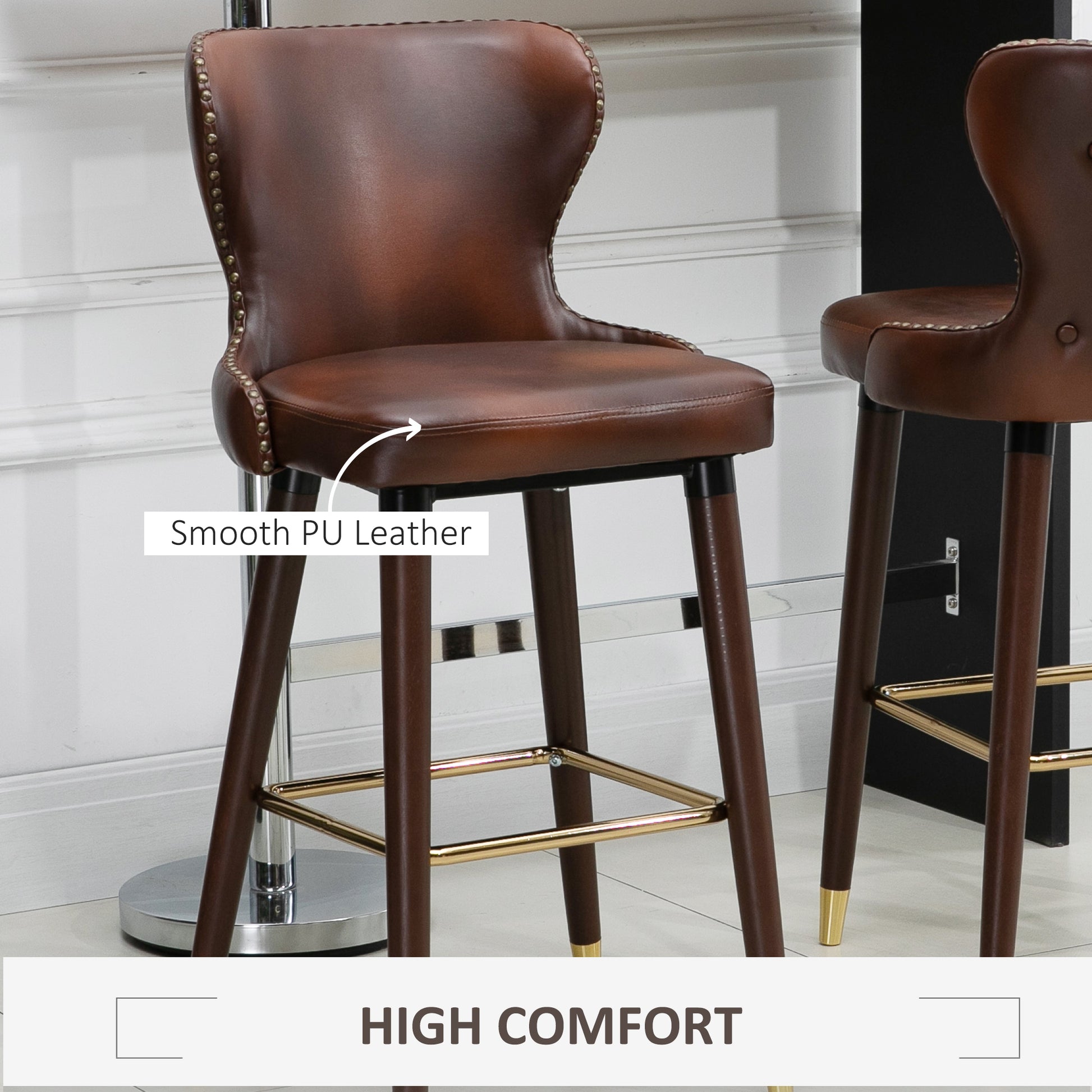 HOMCOM Set of 2 Elegant PU Leather Retro Bar Stools with Backrest - Brown and Gold Accents - ALL4U RETAILER LTD