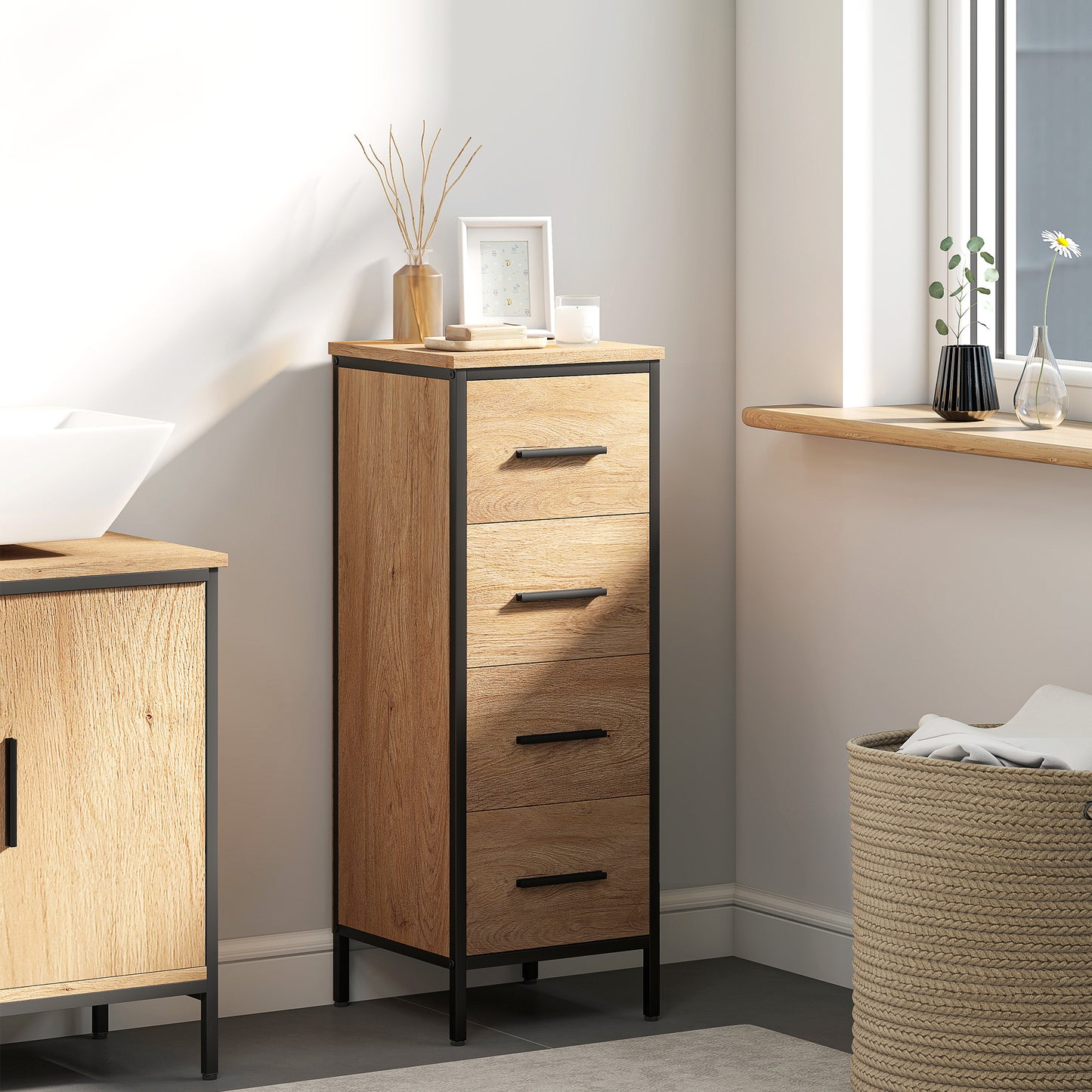 HOMCOM Narrow Bathroom Storage Cabinet With Four Drawers In Oak Finish For Small Bathrooms