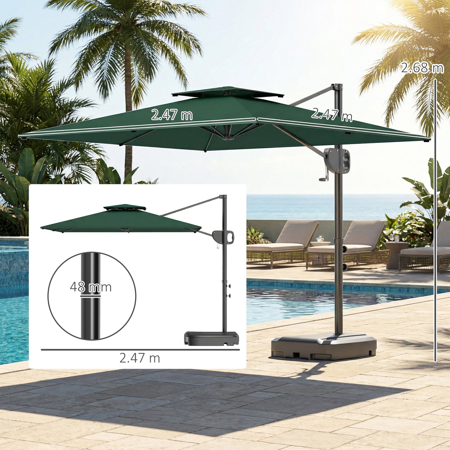 Outsunny Cantilever Parasol With Weighted Base And Crank Tilt Double Top Garden Parasol Patio Dark Green