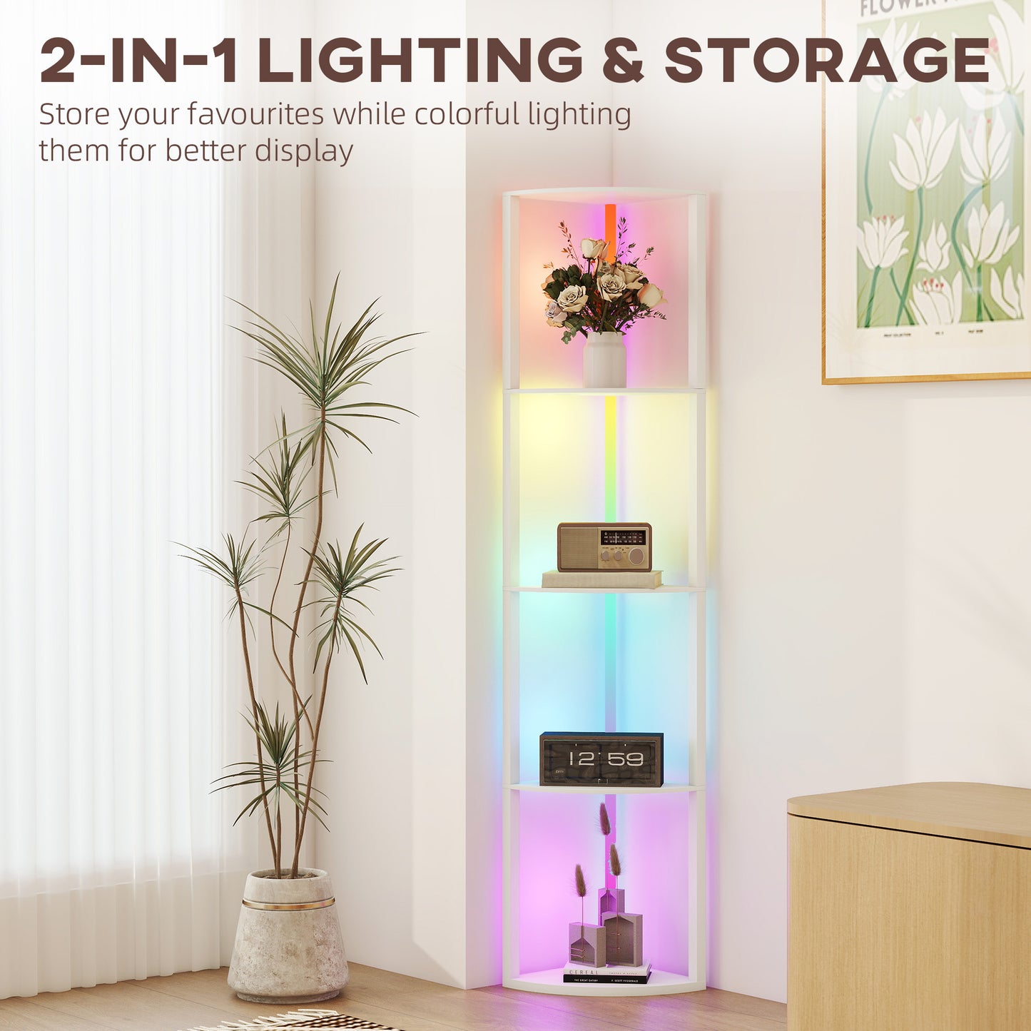 HOMCOM RGB LED Floor Lamp With Shelves 5 Tier Corner Display Shelf Unit For Living Room Bedroom Office White