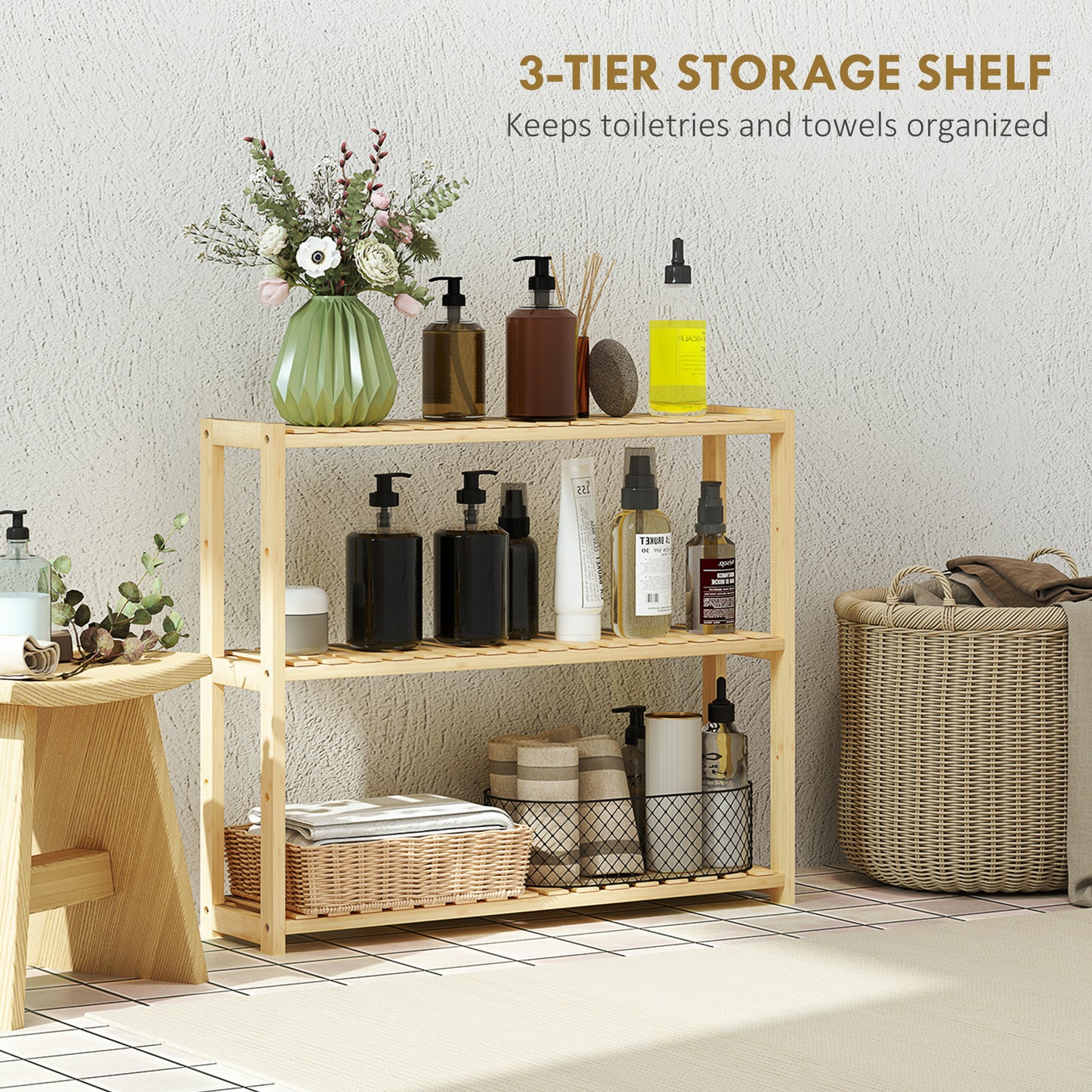 HOMCOM Three Tier Bamboo Bathroom Rack Natural Finish With Moisture Resistant Build And Five Position Shelves