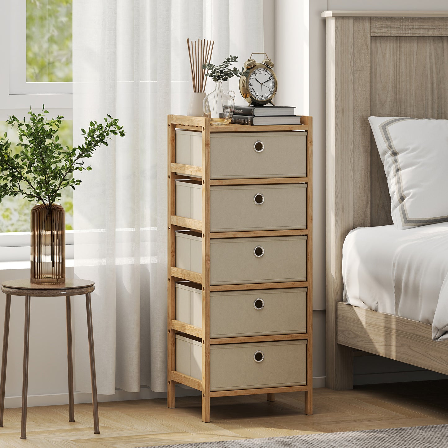 HOMCOM Five Drawer Fabric Dresser Narrow Chest With Bamboo Frame Cream White For Bedroom Organization