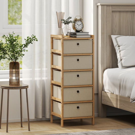 HOMCOM Five Drawer Fabric Dresser Narrow Chest With Bamboo Frame Cream White For Bedroom Organization