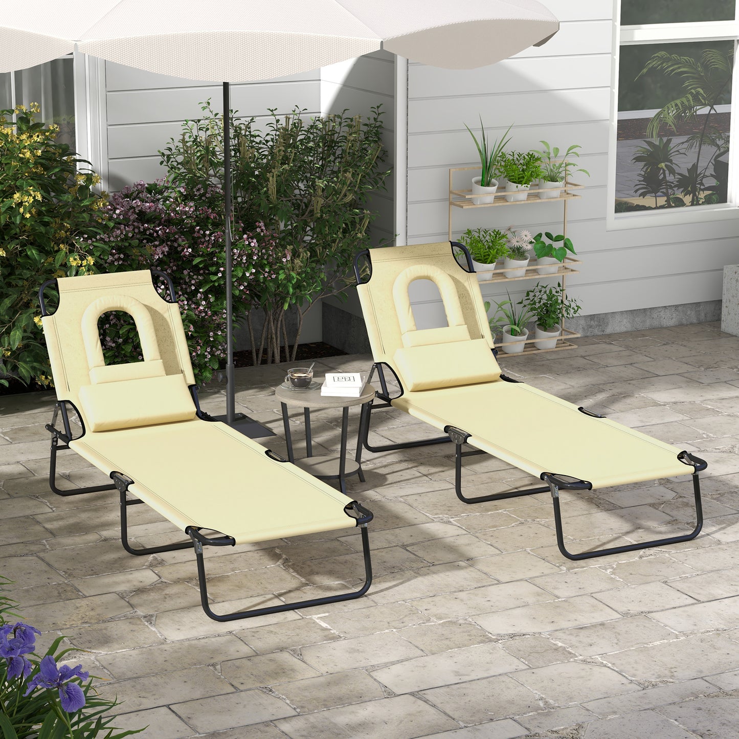 Outsunny Adjustable Reclining Sun Lounger Set of 2 with Pillow and Face Hole - Beige - ALL4U RETAILER LTD