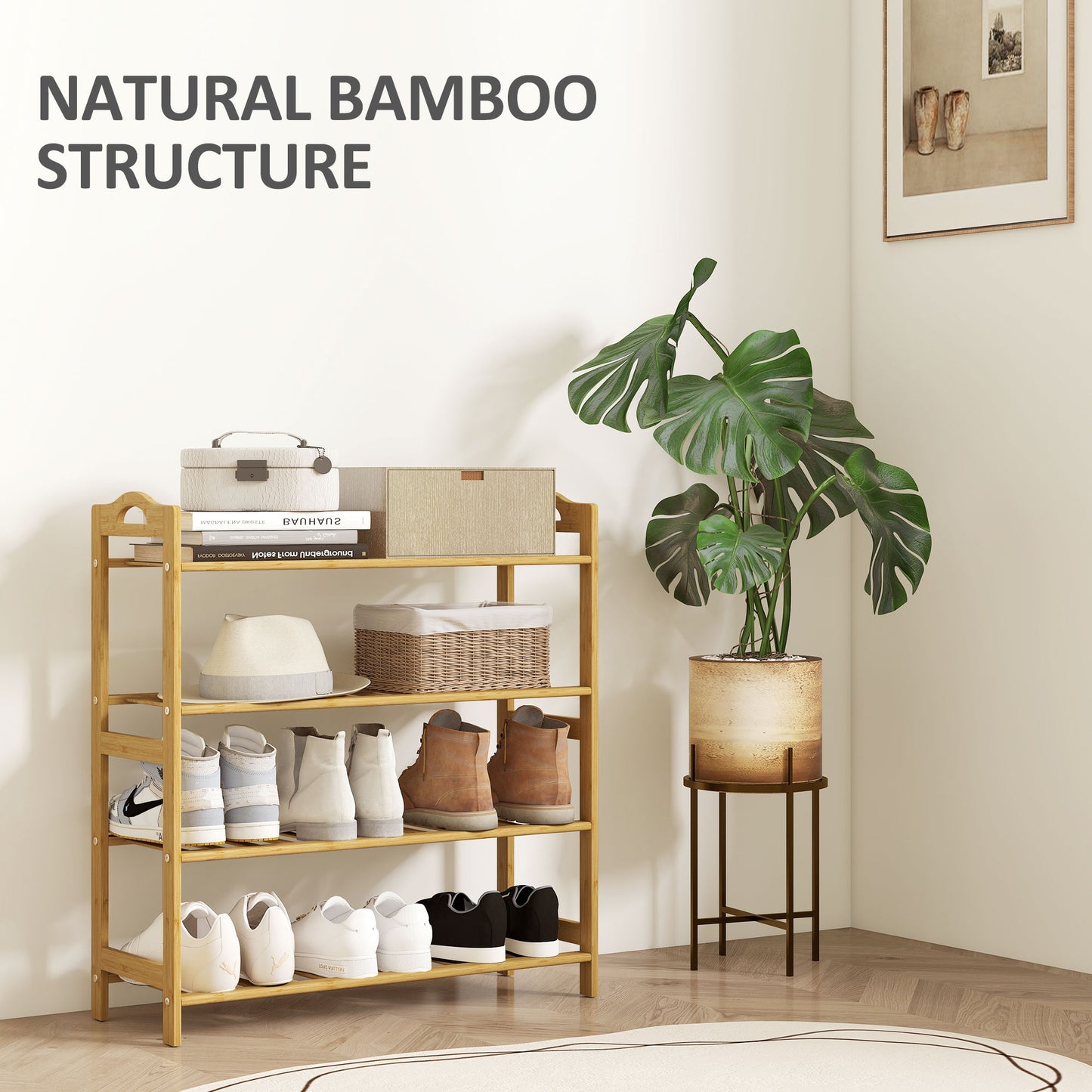 HOMCOM Freestanding Bamboo Shoe Rack 4 Tier Shoe Shelf Stand For Hallway Living Room Bedroom Natural Wood Finish