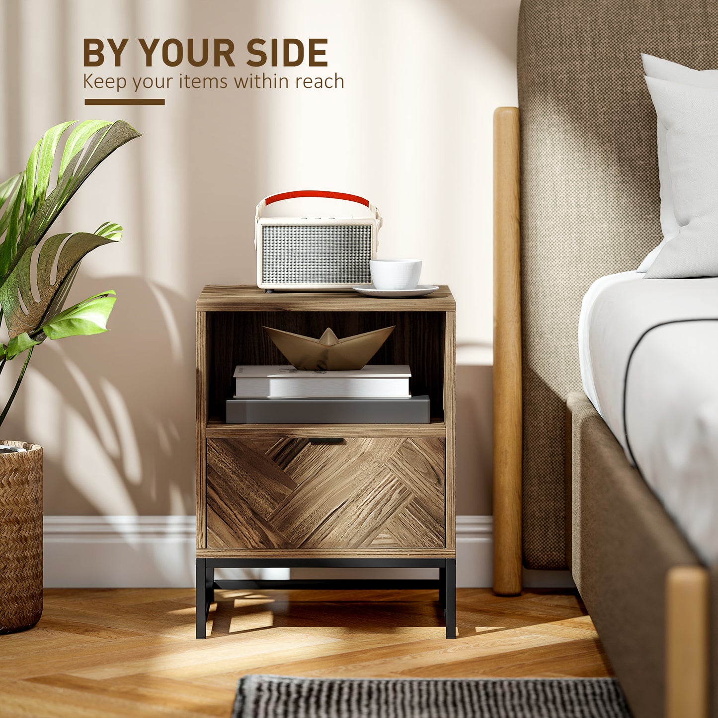 HOMCOM Bedside Table With Drawer And Open Shelf, Steel Leg End Table For Bedroom And Living Room, Brown Wood Effect