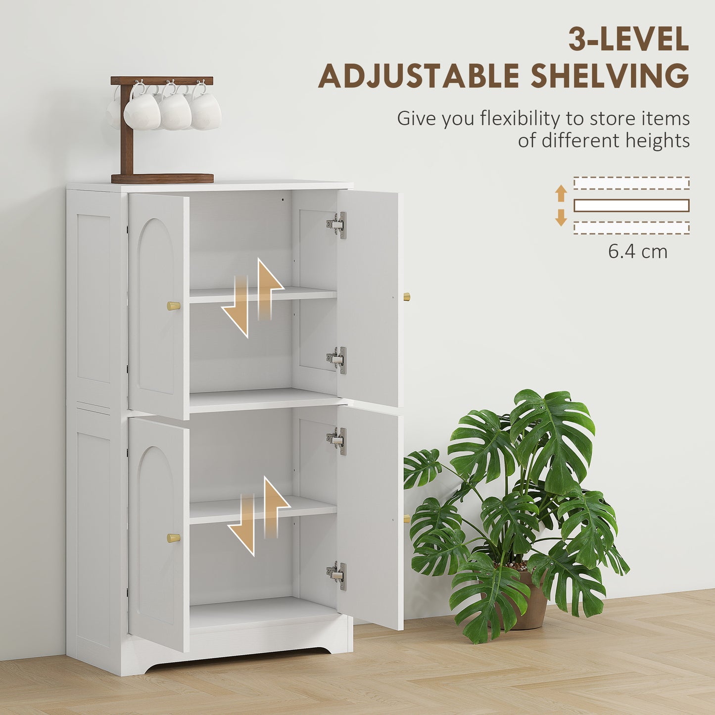 HOMCOM White 4 Door Kitchen Storage Cabinet With Adjustable Shelves Arched Door Panels And Gold Tone Handles