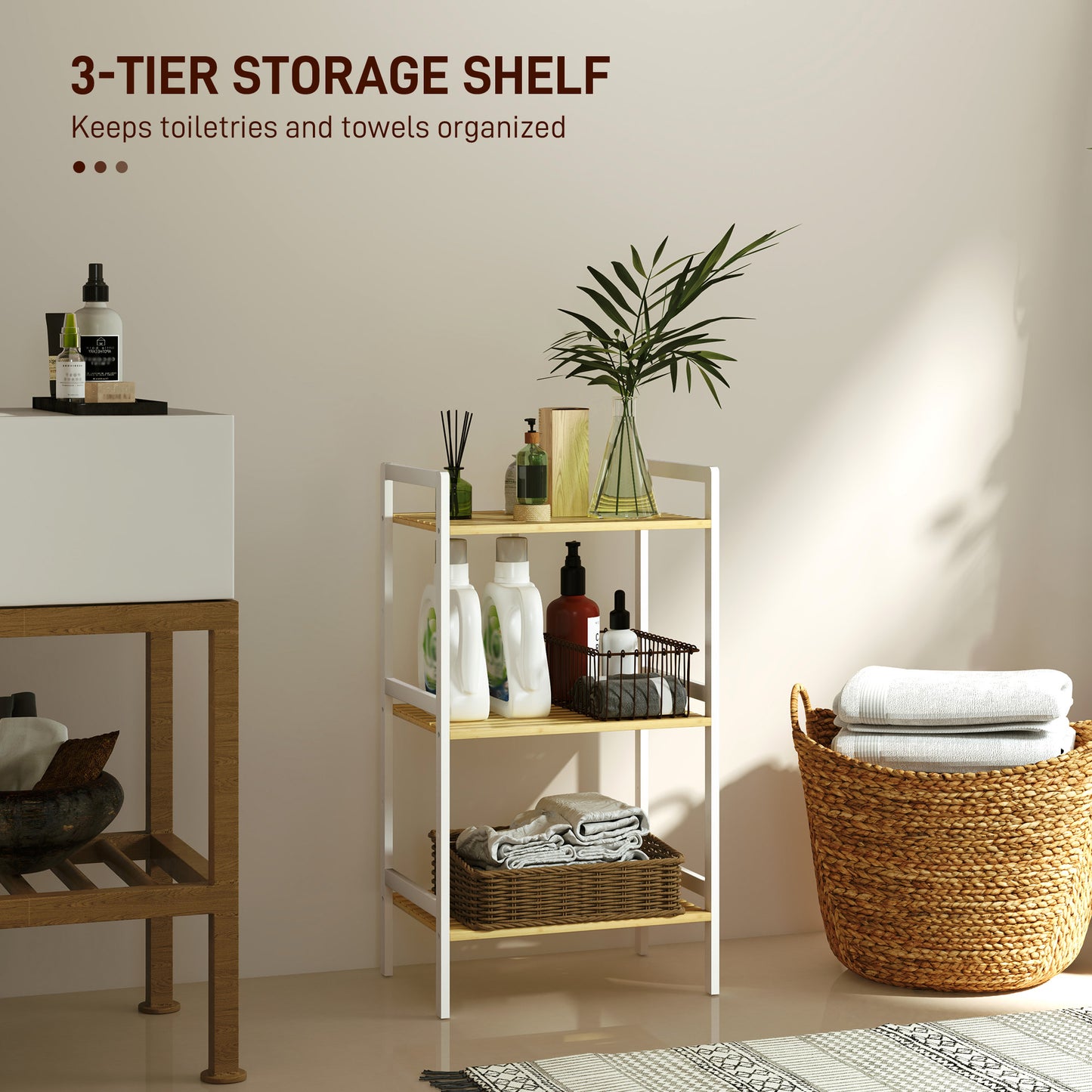 HOMCOM Bamboo Bathroom Shelf Storage Unit With Three Tier Design And Five Adjustable Levels