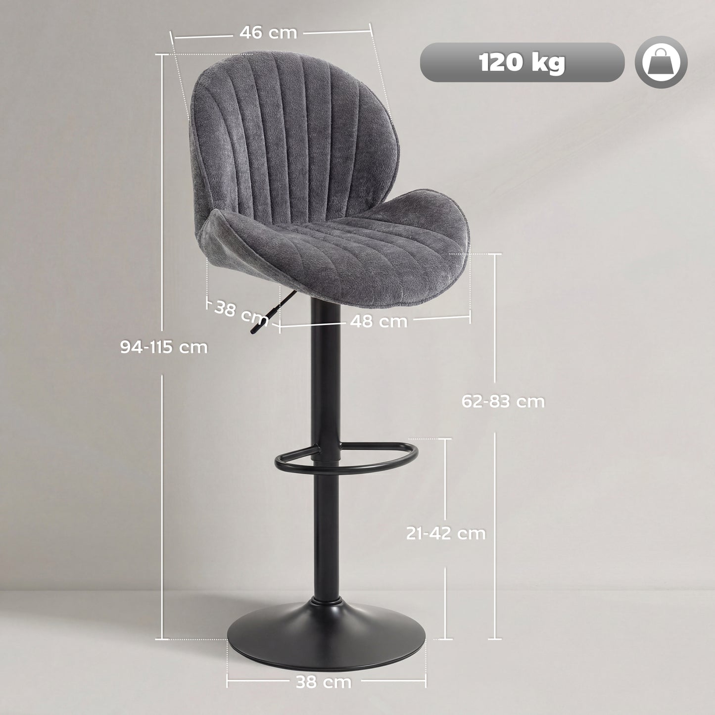 HOMCOM Bar Stools Set Of 2 With Backrest 360 Degree Swivel Adjustable Height Footrest Grey For Kitchen Island And Dining