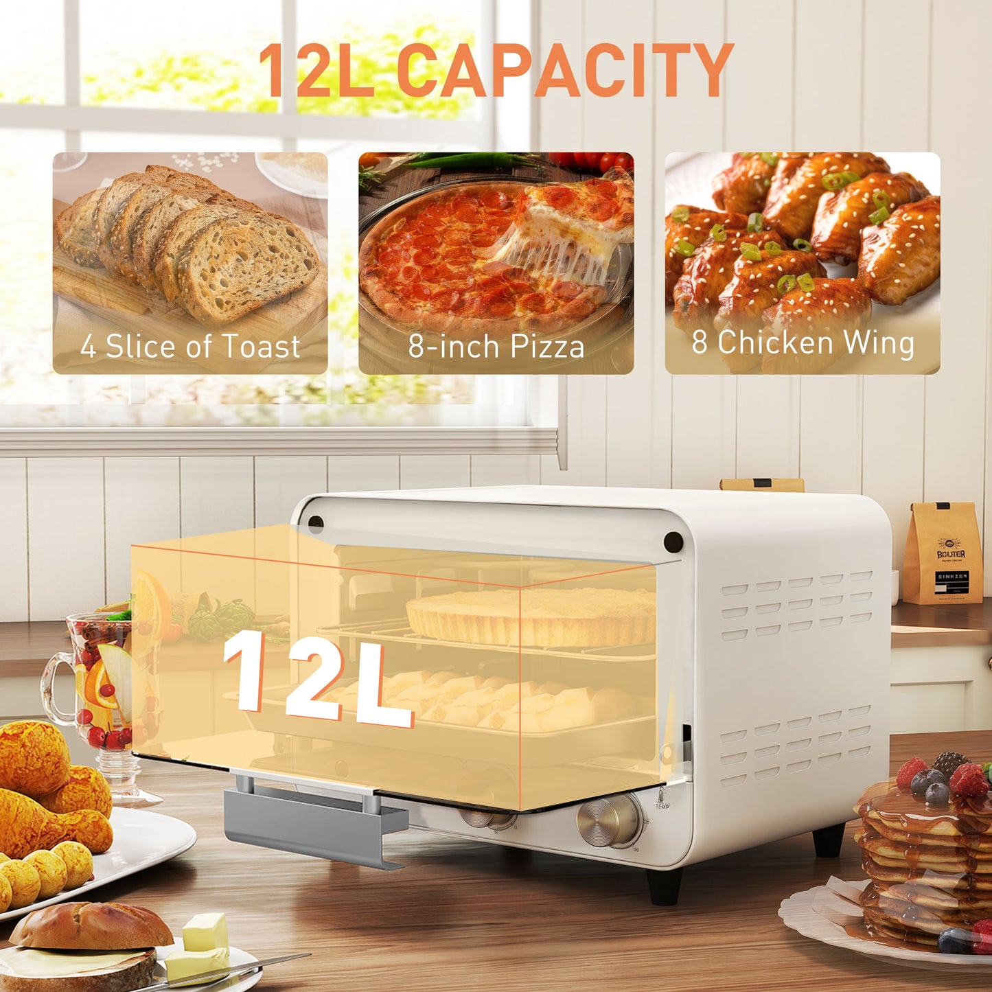HOMCOM Mini Oven 12L Capacity Small Toaster Oven With Glass Door 750W Adjustable Temperature And Timer Cream White