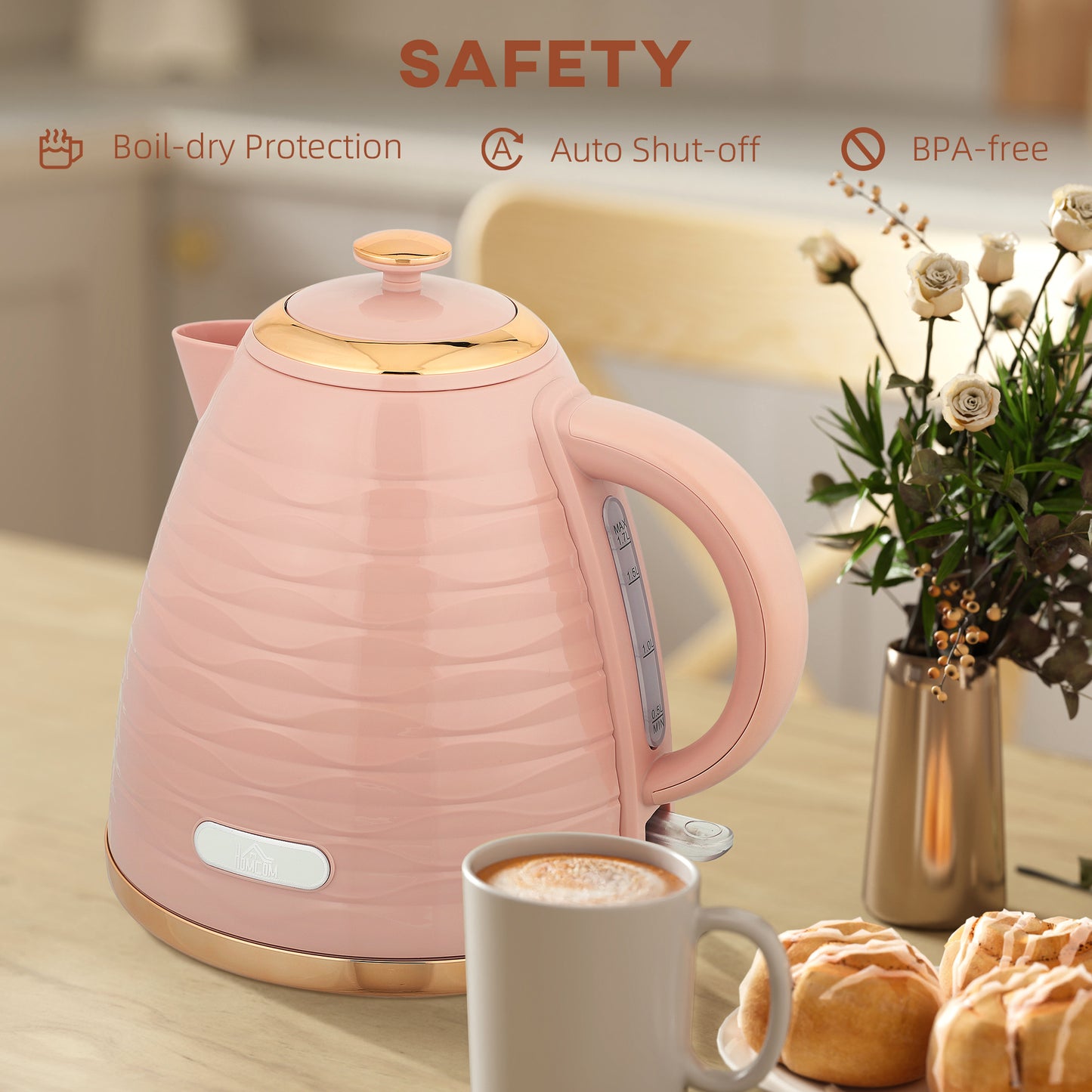 HOMCOM 3kW Rapid Boil Honeycomb Kettle In Pink With Boil Dry Protection For Fast Tea And Coffee