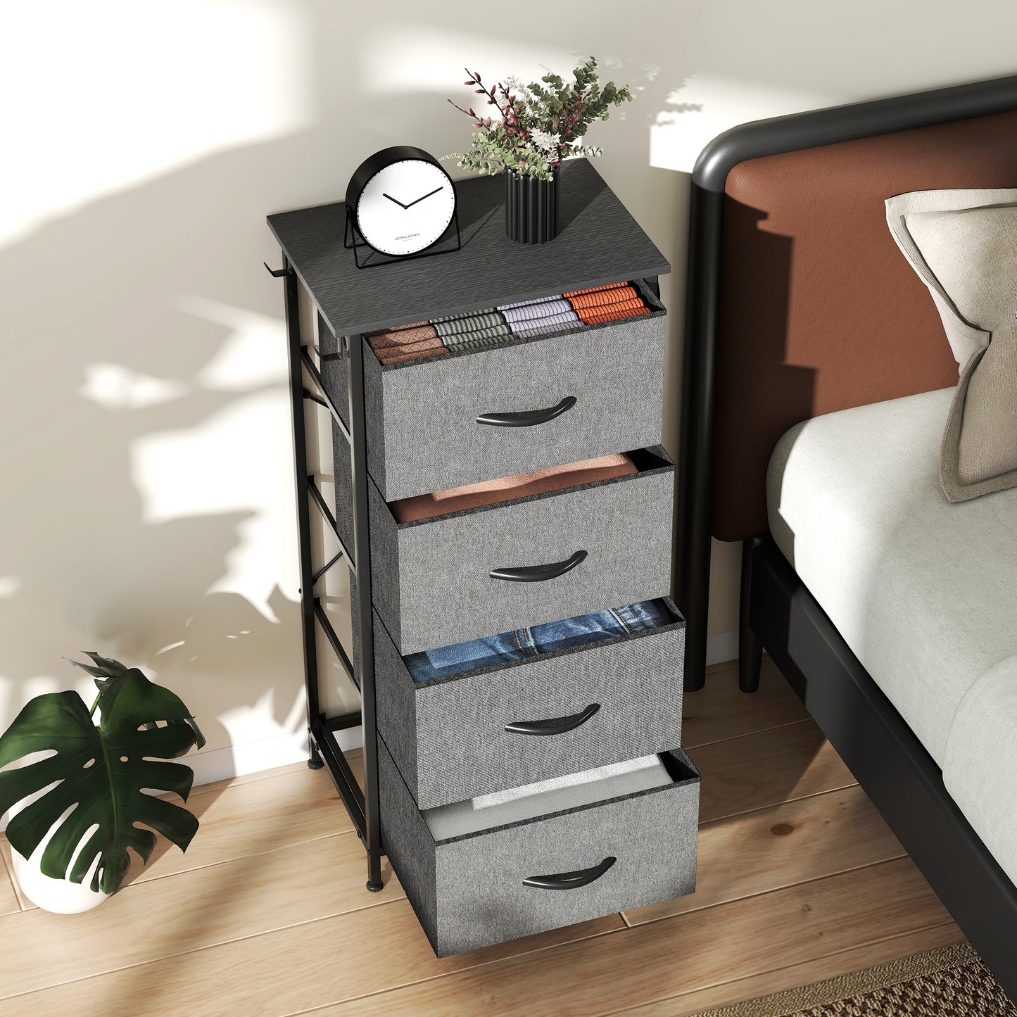 HOMCOM Four-Drawer Fabric Chest Of Drawers In Charcoal Grey With Steel X-Frame And Side Pockets