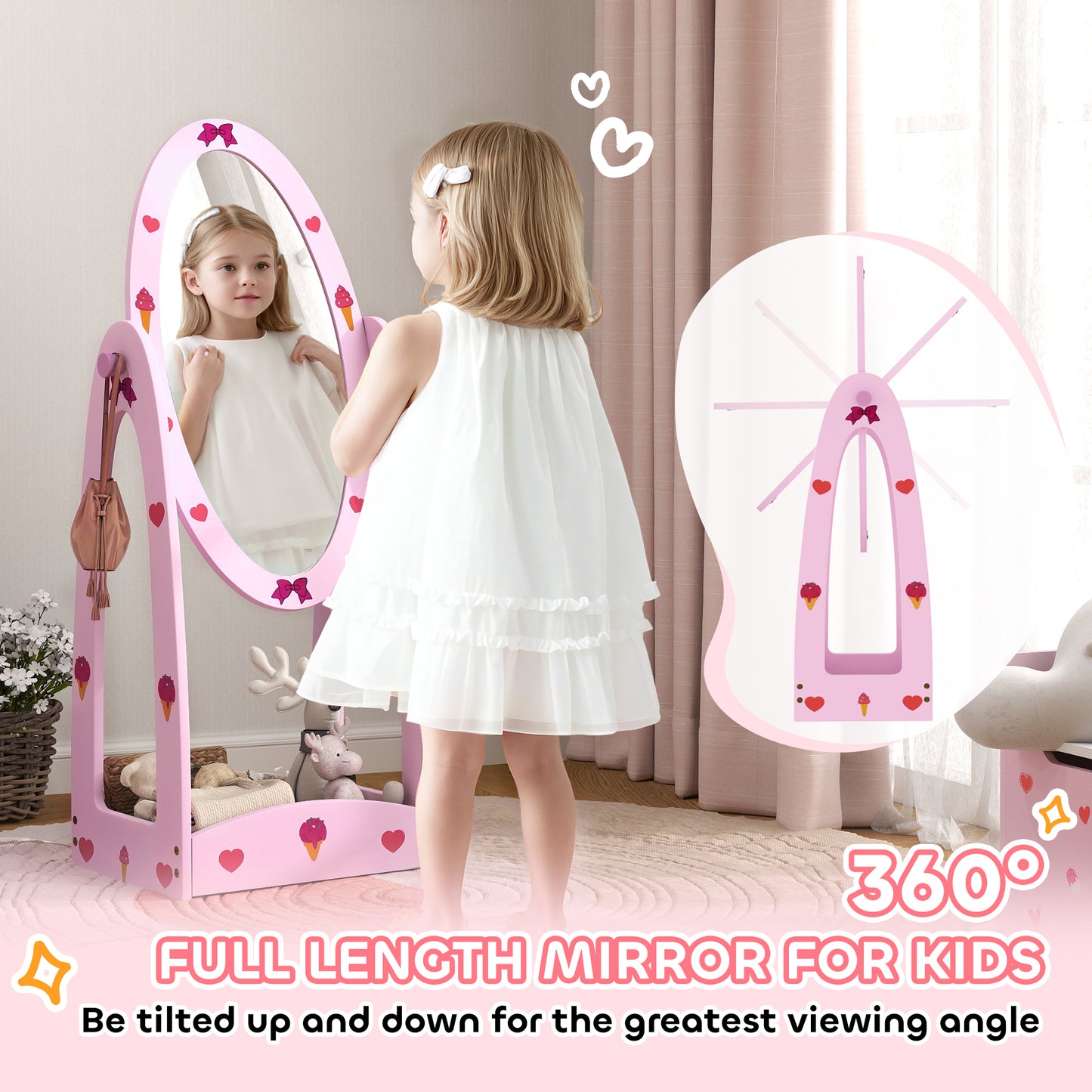 AIYAPLAY Two Piece Kids Clothes Rail and Dressing Mirror Set With 360 Degree Rotating Mirror and Storage Shelves Pink