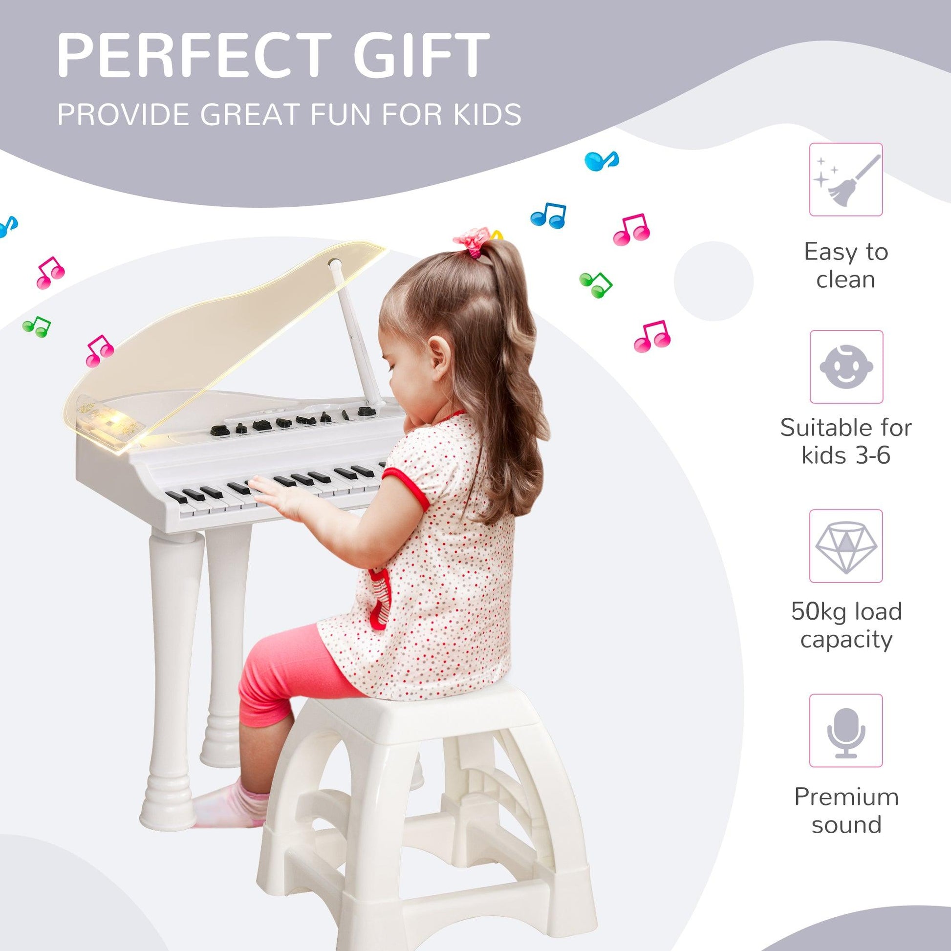 AIYAPLAY 32-Key Kids Piano Keyboard Set with Microphone, Lights, Stool | White - ALL4U RETAILER LTD