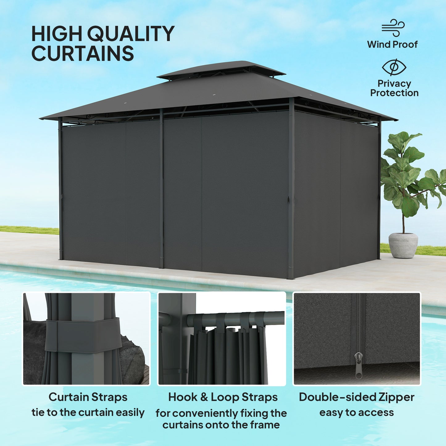 Outsunny 3x4m Steel Gazebo With UV Resistant Curtains Black Outdoor Party Shelter Two Tier Roof Ground Stakes