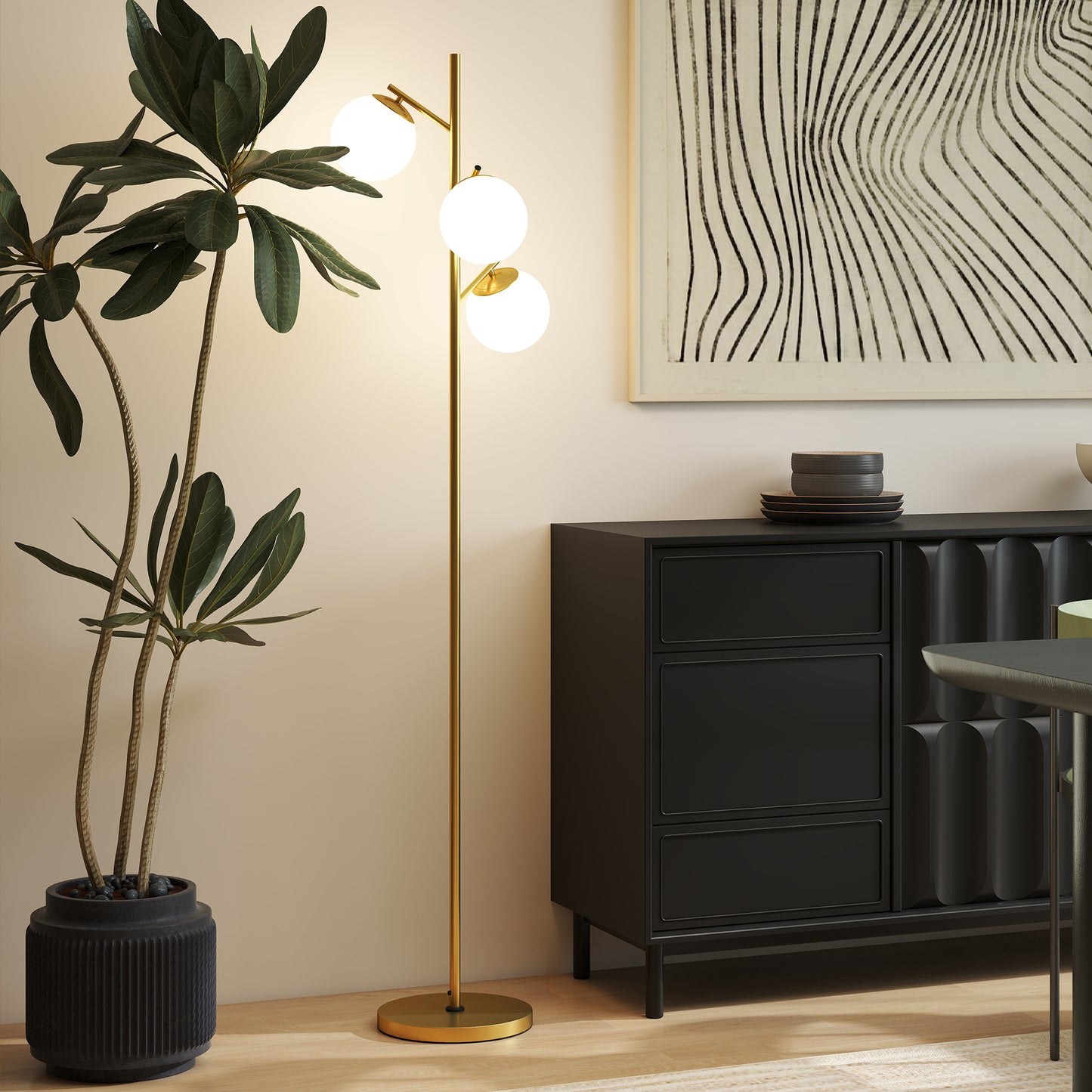 HOMCOM 3 Light Tree Floor Lamp With Globe Lampshades Modern Gold Tone Standing Light 3000K 4000K 6000K Temperatures