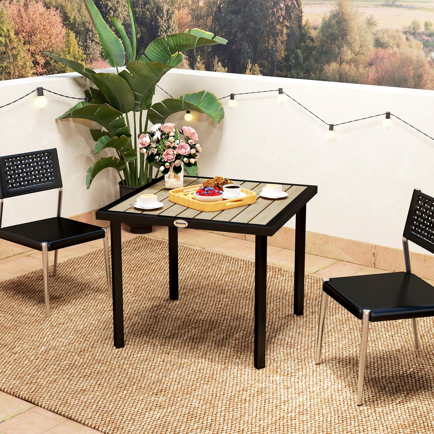 Outsunny Square Garden Dining Table With 54mm Parasol Hole Slatted Top Metal Frame Brown 86x86x71 cm