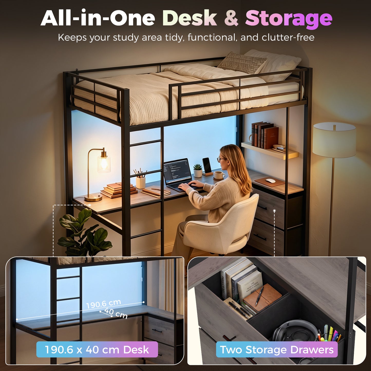HOMCOM Metal Bunk Bed With Desk Built In Workstation LED Light High Sleeper Guardrail No Box Spring Needed