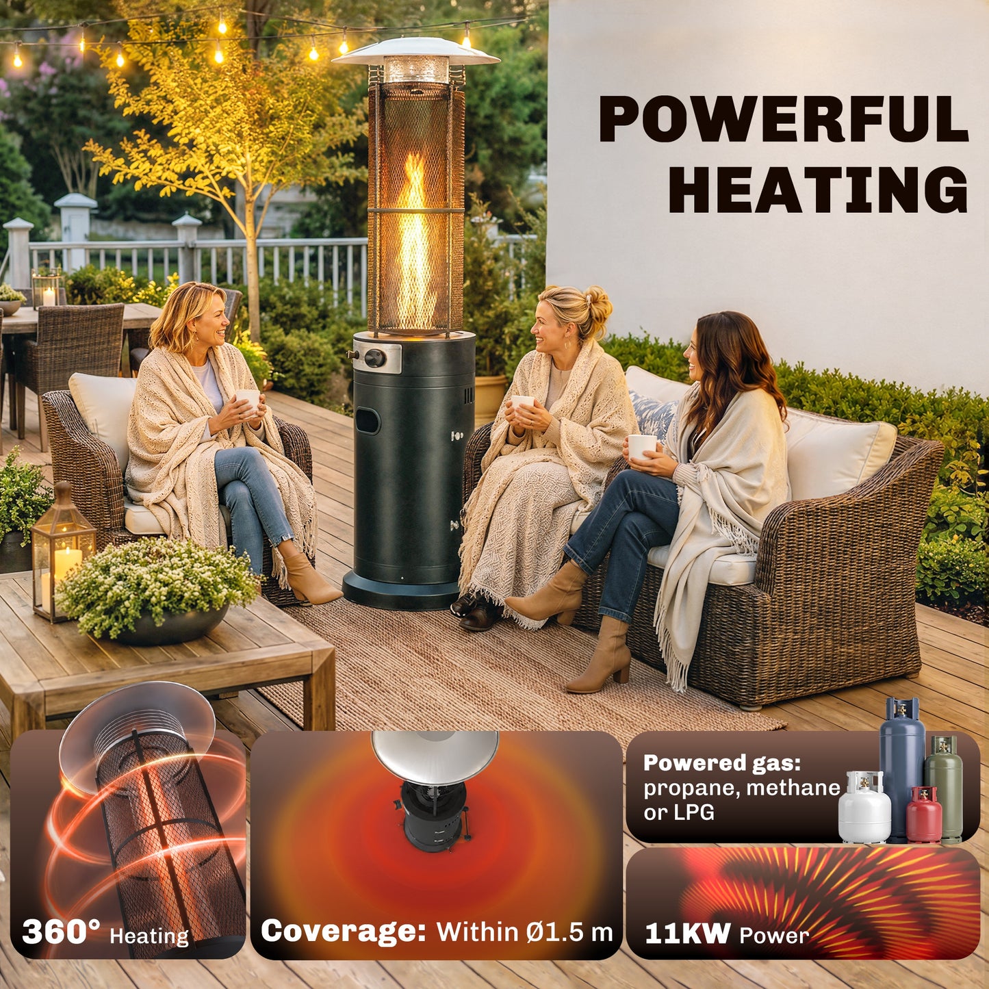 Outsunny 11 KW Freestanding Gas Patio Heater With Pulse Ignition Tip Over Switch Wheels Adjustable Heat Tank Room Black