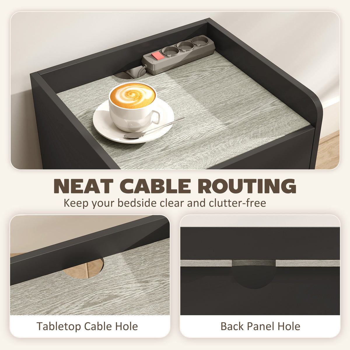 Modern Bedside Nightstand With Drawer Shelf And Cable Holes Grey