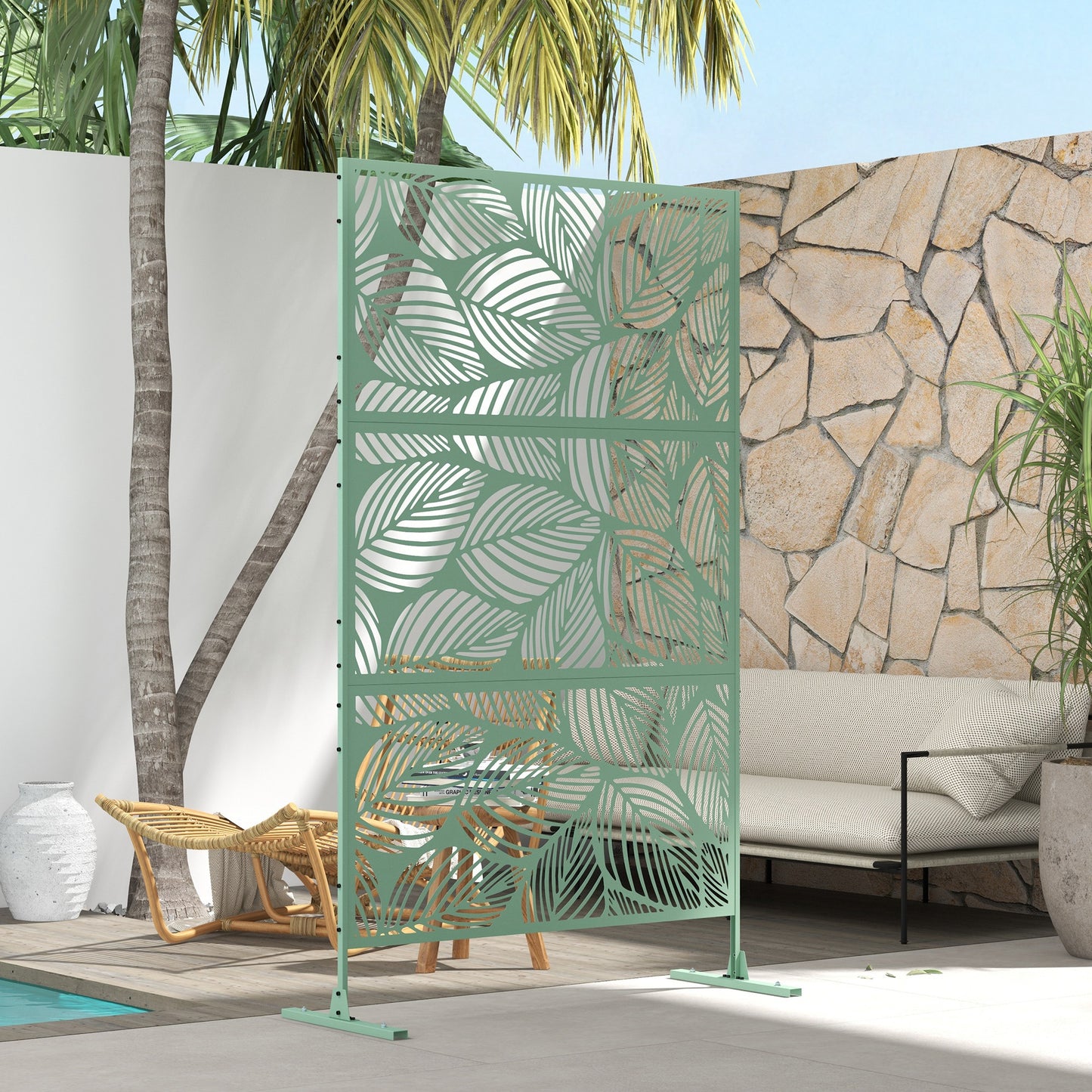 Outsunny Green Leaf Metal Outdoor Privacy Screen Divider Trellis For Patio Garden
