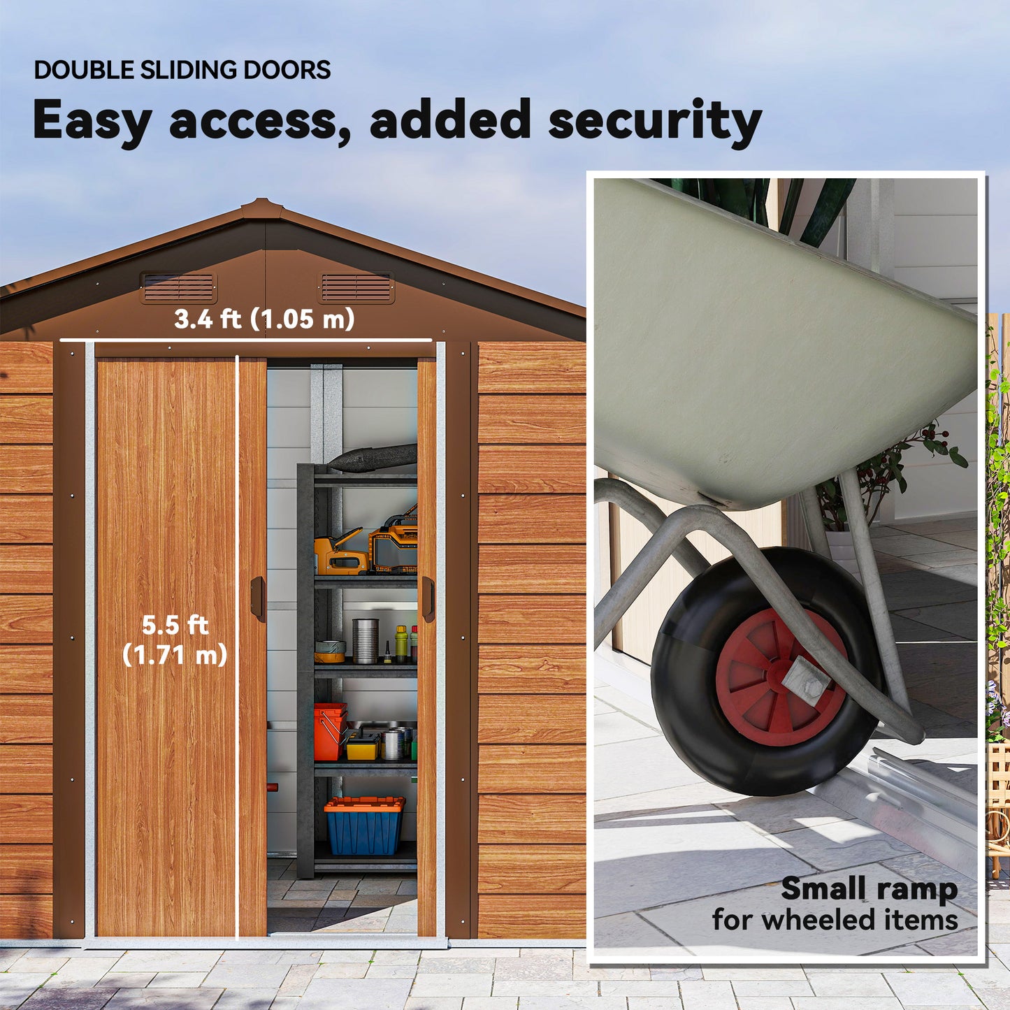 Outsunny 6x8 Ft Galvanised Steel Shed With Brown Wood Effect And Sliding Doors For Outdoor Garden Storage