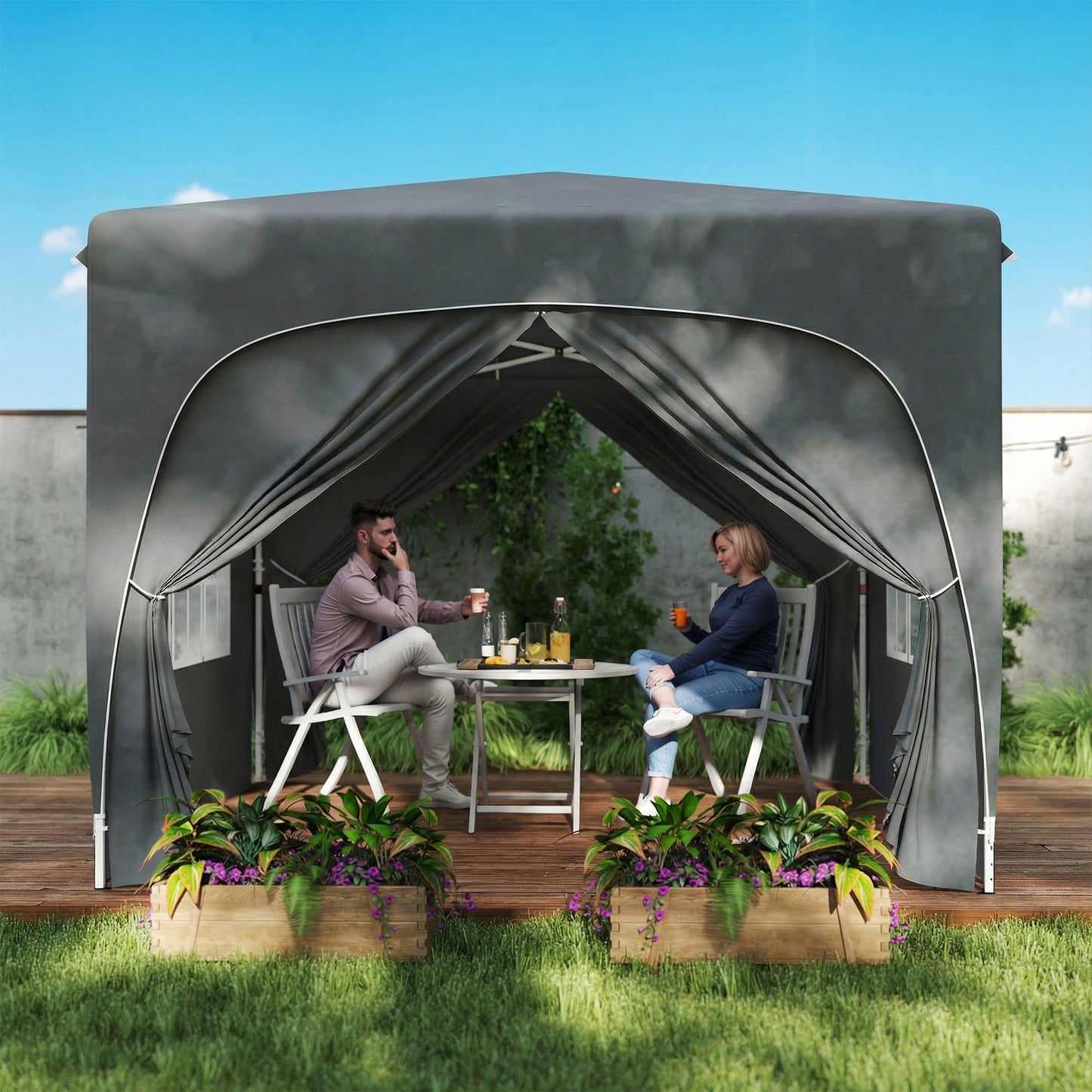 Outsunny 3x3m Pop Up Gazebo Shelter With Accessories Dark Grey UPF50 Fabric Canopy Adjustable Height 255 265 275 cm