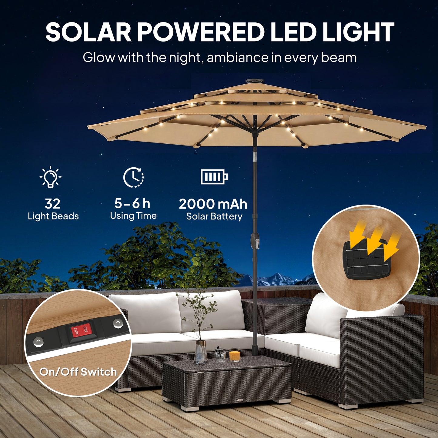Outsunny 2.8m Garden Parasol Umbrella With LED Solar Light Parasol Cover 3 Tier Outdoor Table Market Patio Khaki