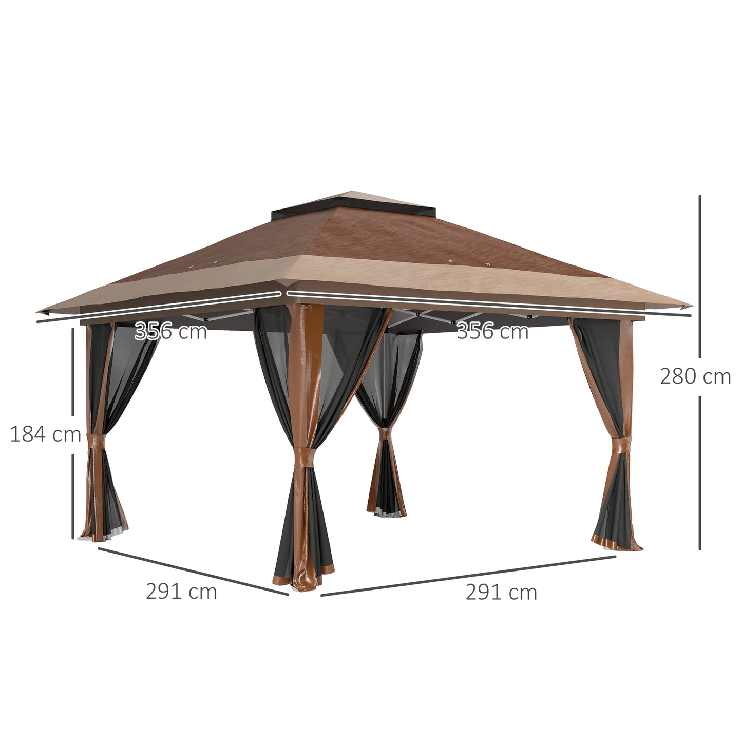 Outsunny 3.6m By 3.6m Pop Up Gazebo With Accessories Brown UPF50 Canopy Mesh Liner Adjustable Height 260 270 280 Cm