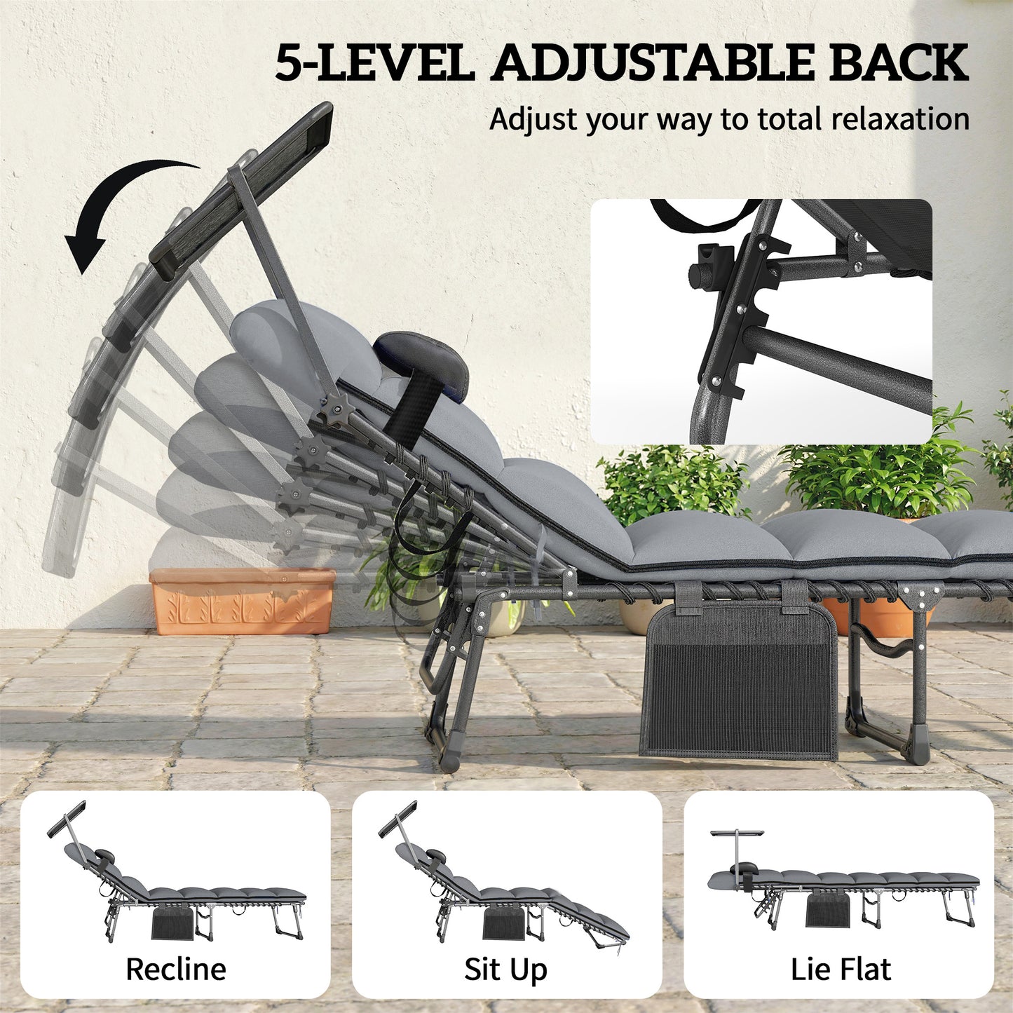 Outsunny Folding Sun Loungers Set Of 2 With Canopy Cushions Side Pocket And Carrying Handle Light Grey