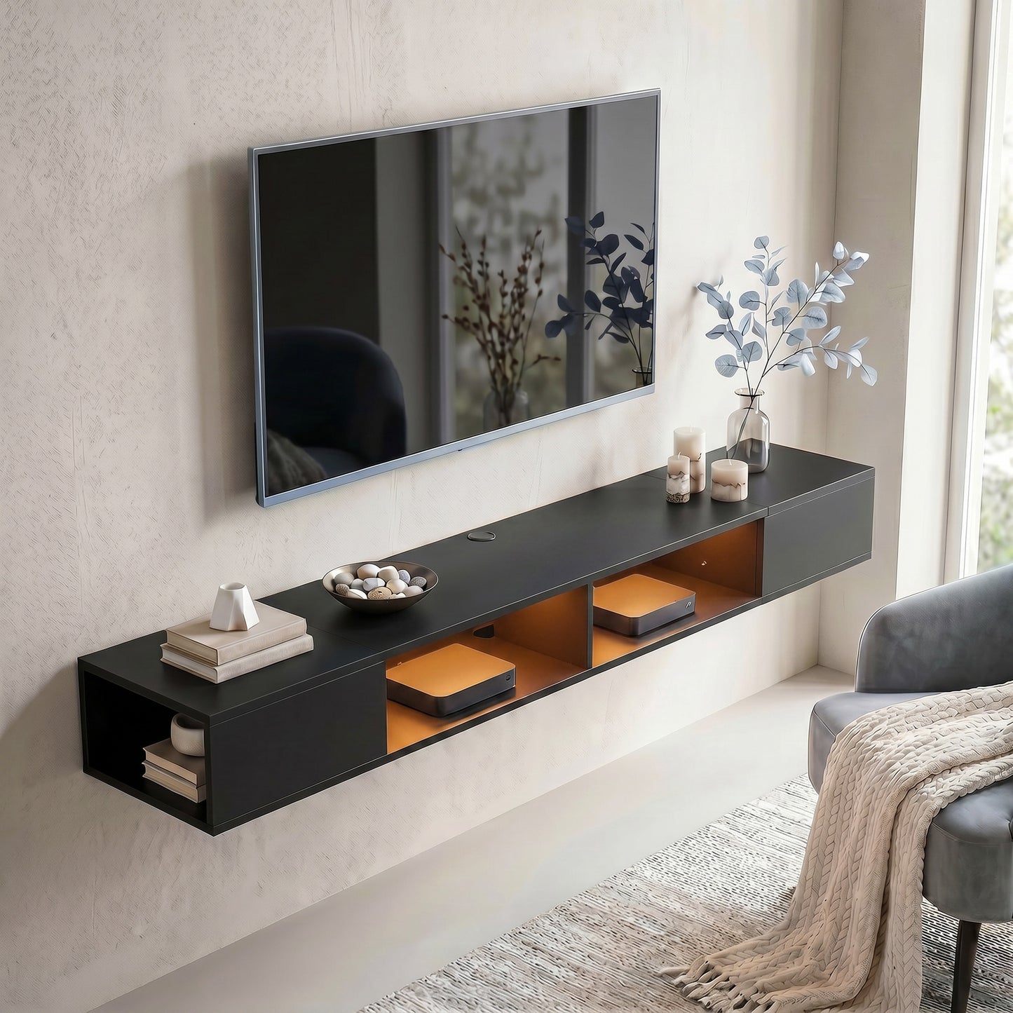 HOMCOM Wall Mounted TV Stand With RGB LED Lights For 75 Inch TV Black Floating Entertainment Centre
