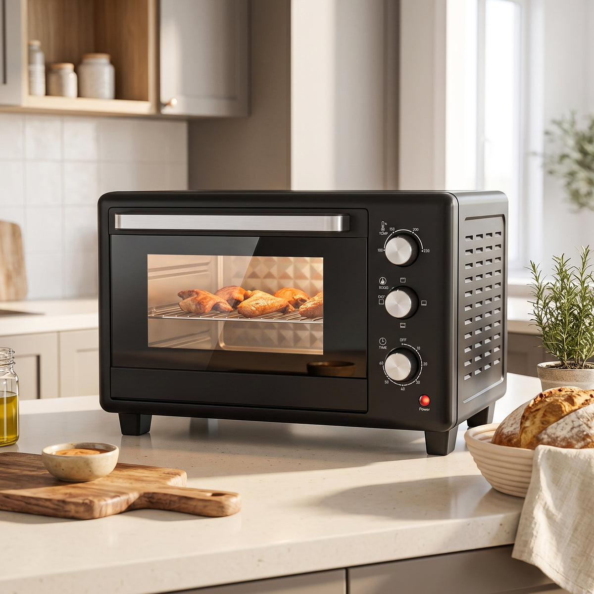 Countertop mini oven with glass door, black finish, and control knobs