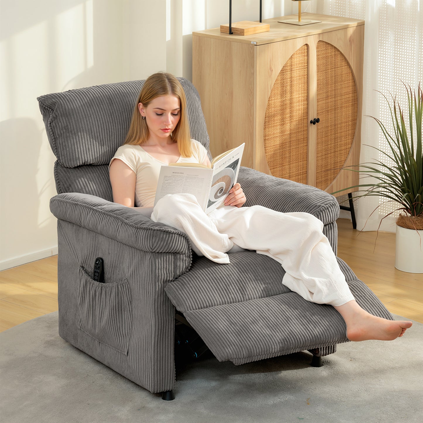 HOMCOM Corduroy Electric Massage Recliner Chair With Heat And Memory Function Grey
