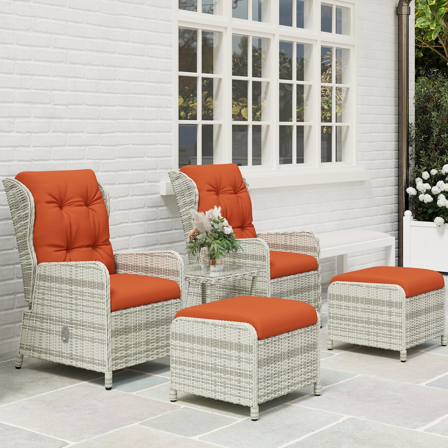 Outsunny 5 Pieces Rattan Bistro Set With Adjustable Back Reclining Cushions Outdoor Orange Footstools