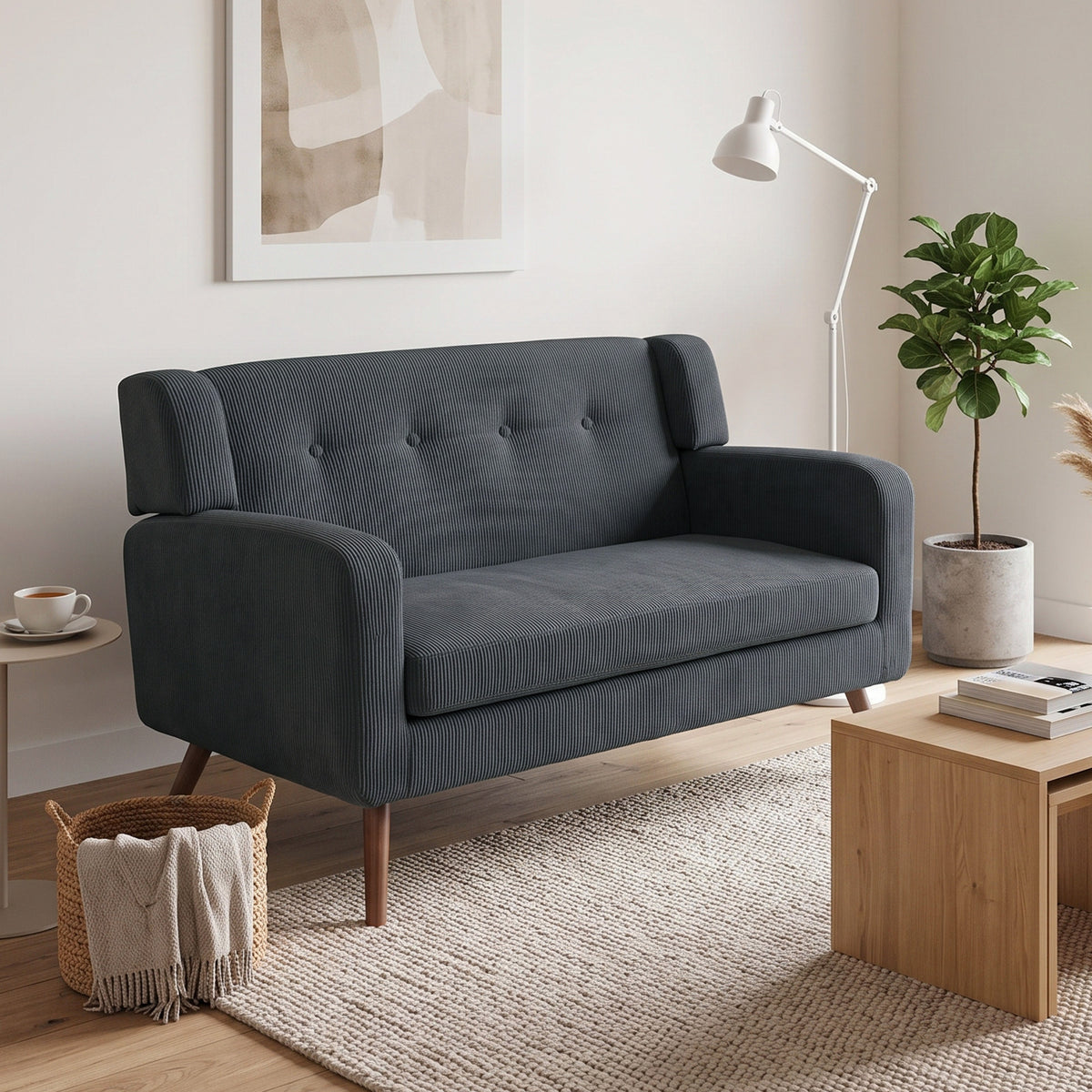 Gray corduroy loveseat with tufted back and rolled arms, wooden legs